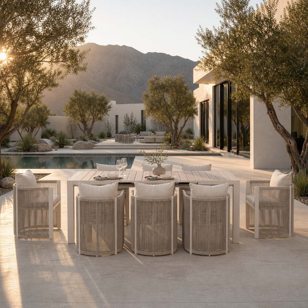 Irati Extendable Aluminum Outdoor Dining Set for 6-8 Seats, Oyster White, Rope Design, Heat‑Transfer Wood‑Look Tabletop