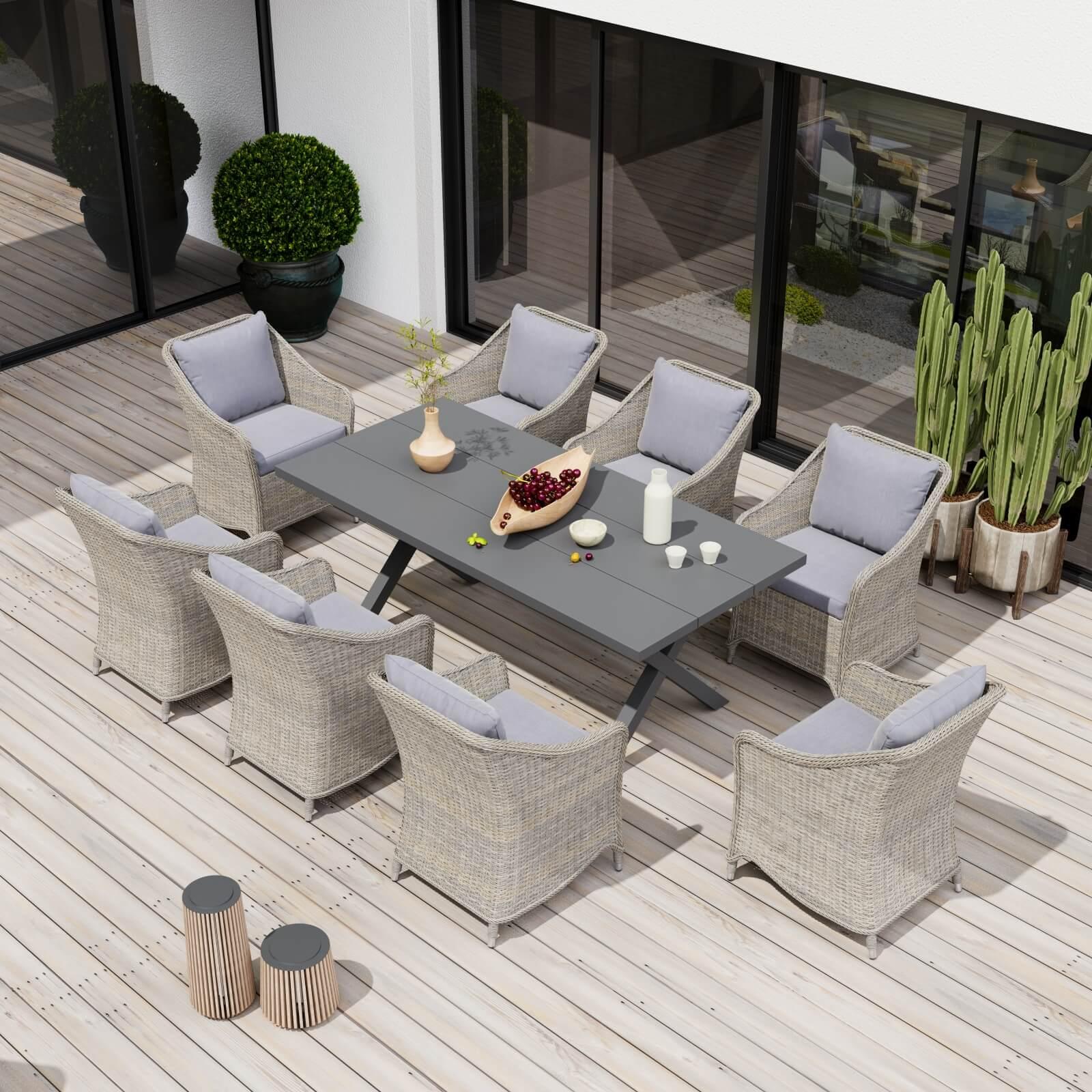 Irati grey wicker outdoor dining set with aluminum frame, grey cushions, 8 dining chairs , 1 X-shaped dining table - Jardina Furniture#color_Grey