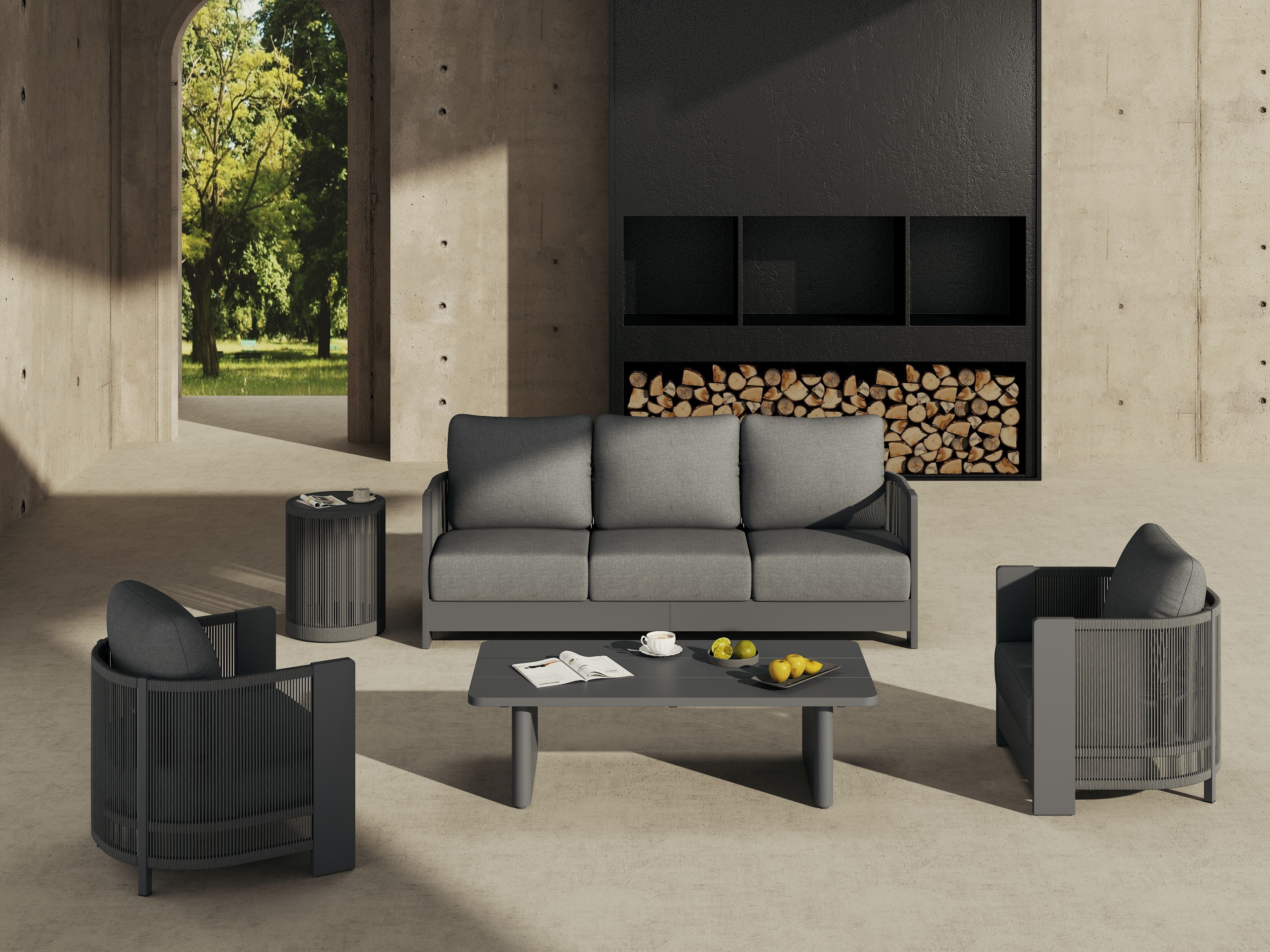Irati 5-Piece Aluminum Rope Outdoor Conversation Furniture Set, Dark Grey Cushions, two lounge chairs, Mixed Tables - Jardina Modern Premium Outdoor Patio Furniture Set