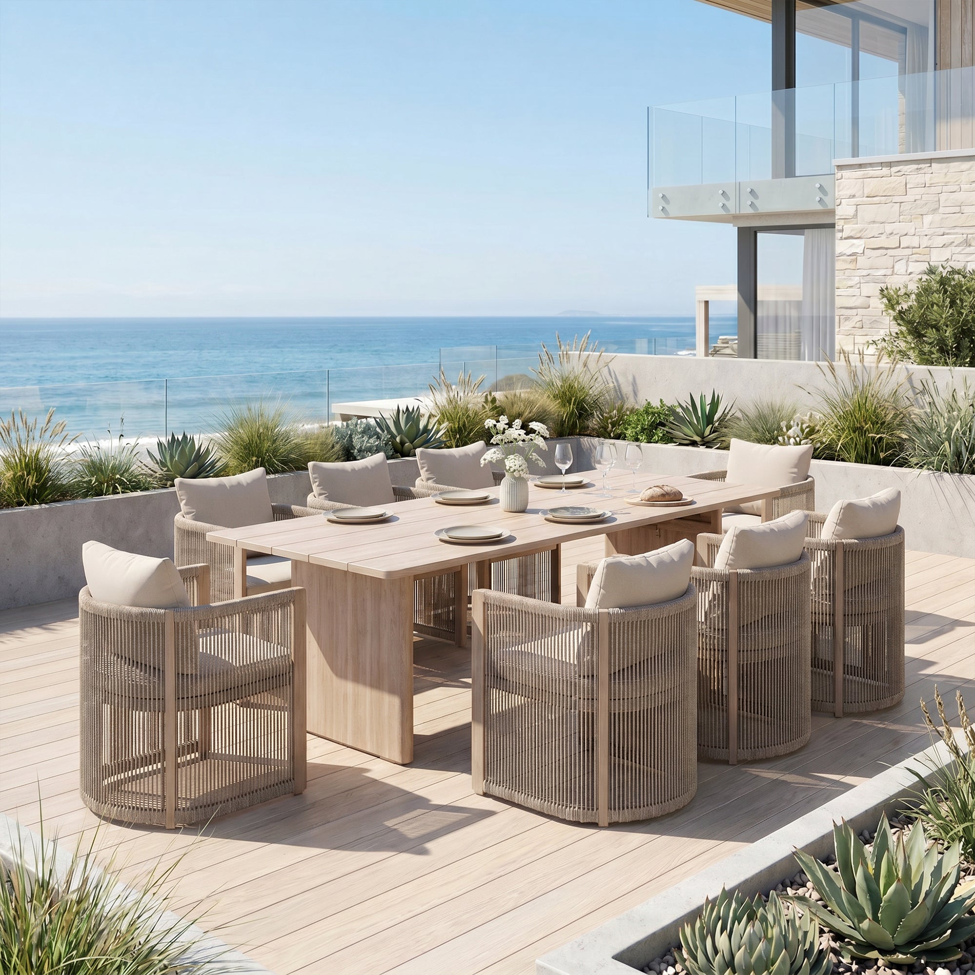 Irati Aluminum Outdoor Dining Set for 6-8 Seats, Light Beige, Rope Design, 86.6" Table