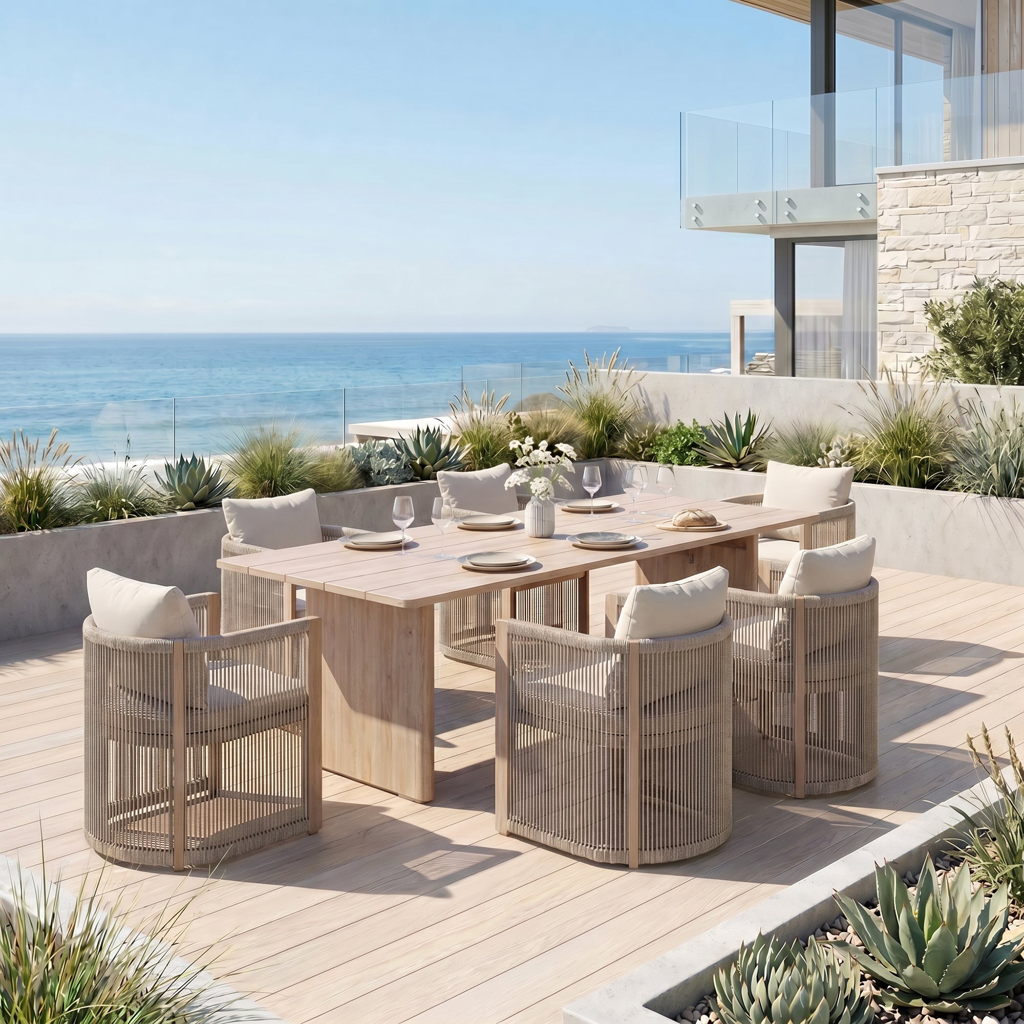 Irati Aluminum Outdoor Dining Set for 6-8 Seats, Light Beige, Rope Design, 86.6" Table