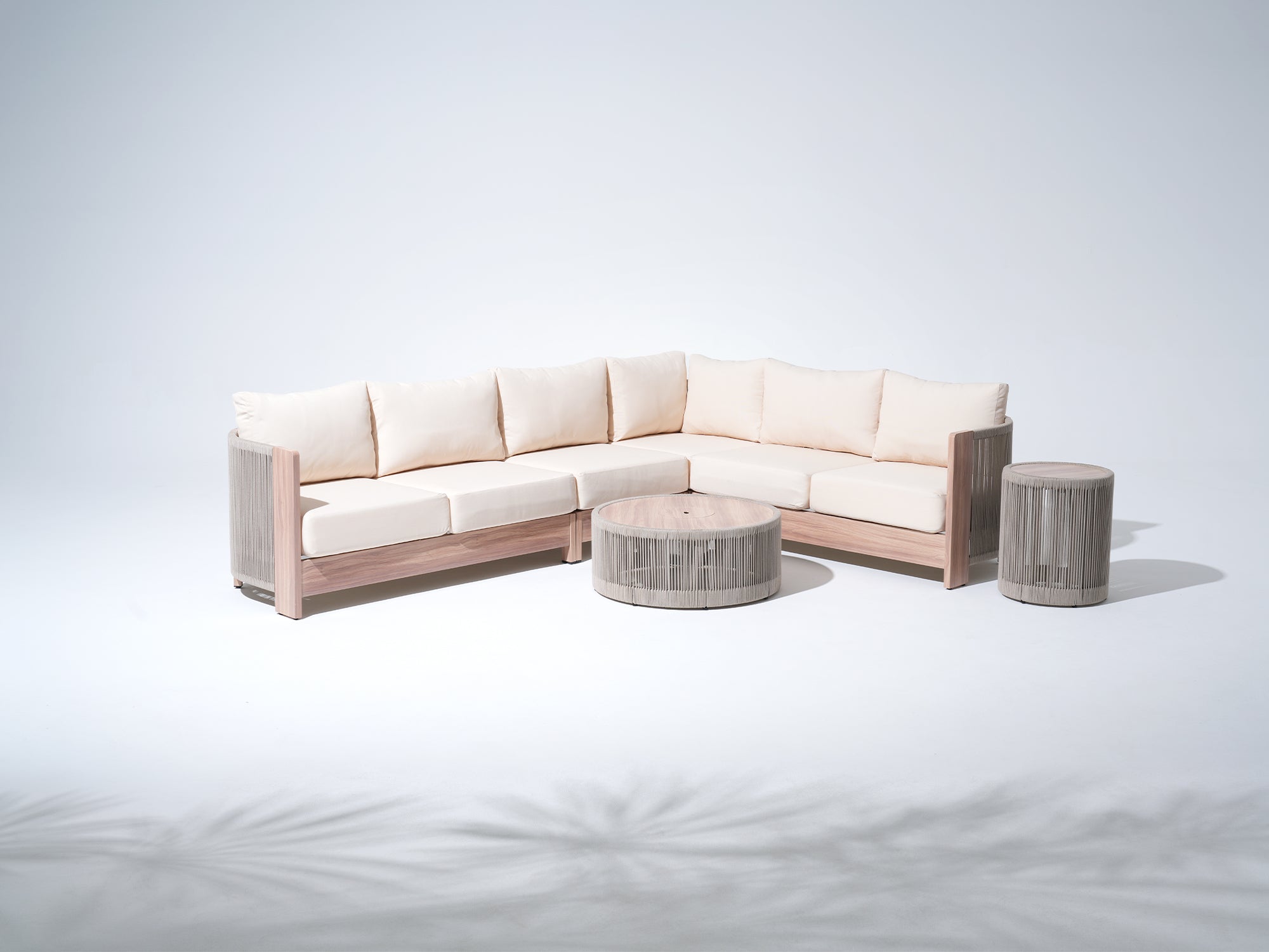 Irati Aluminum L-Shaped Rope Outdoor Sectionals with Mixed Tables(85"-112.2")