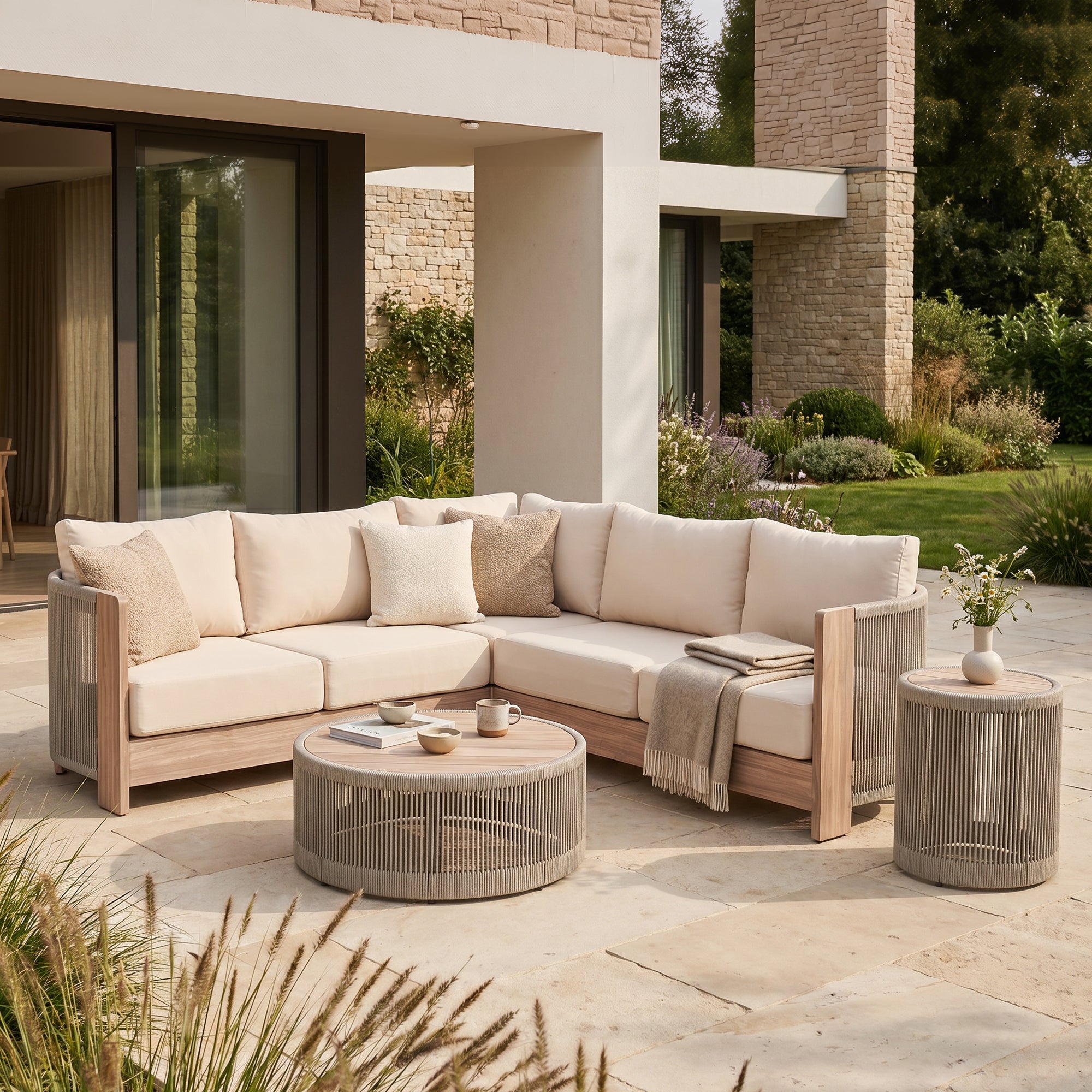 Irati Aluminum L-Shaped Rope Outdoor Sectionals with Mixed Tables(85"-112.2")