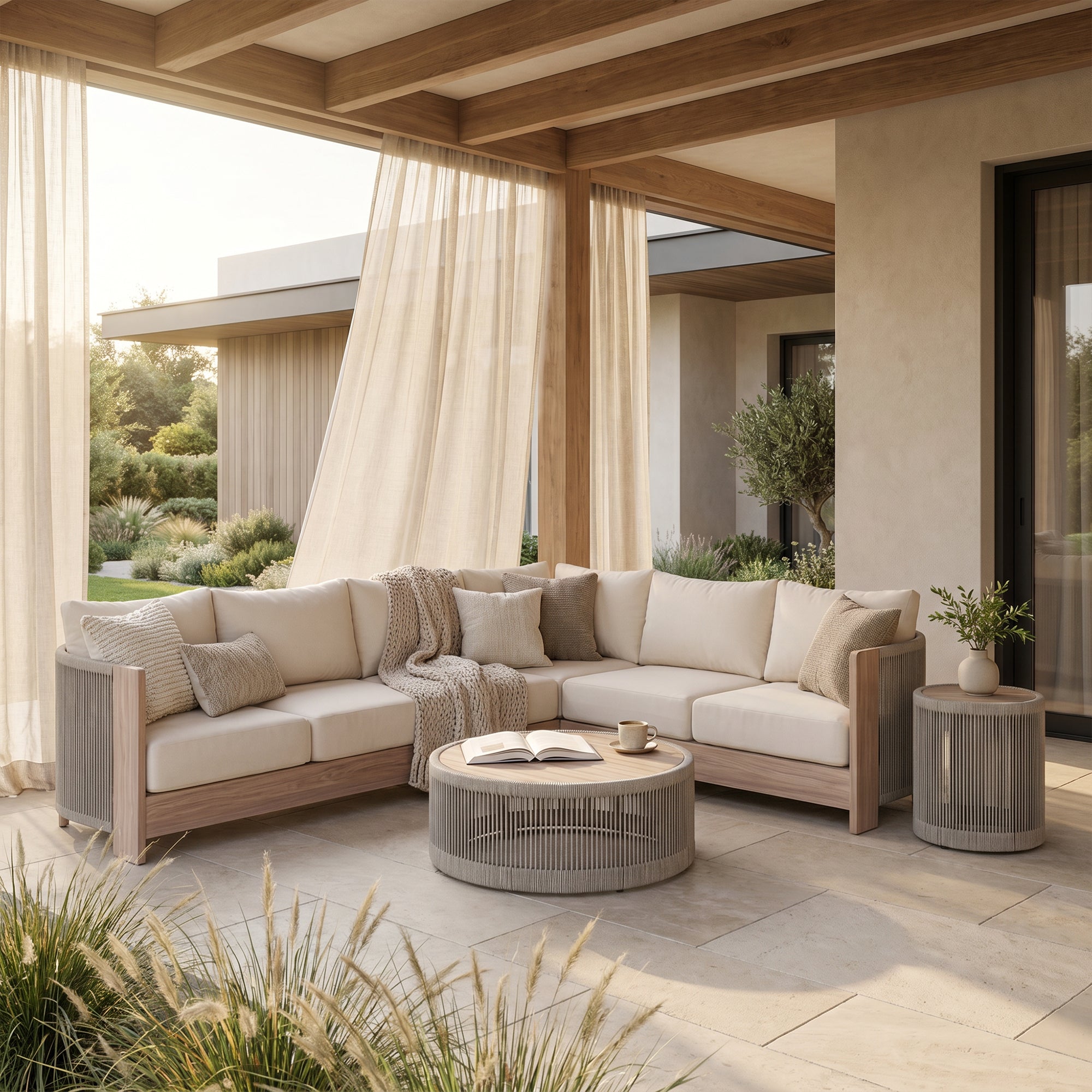 Irati Aluminum L-Shaped Rope Outdoor Sectionals with Mixed Tables(85"-112.2")