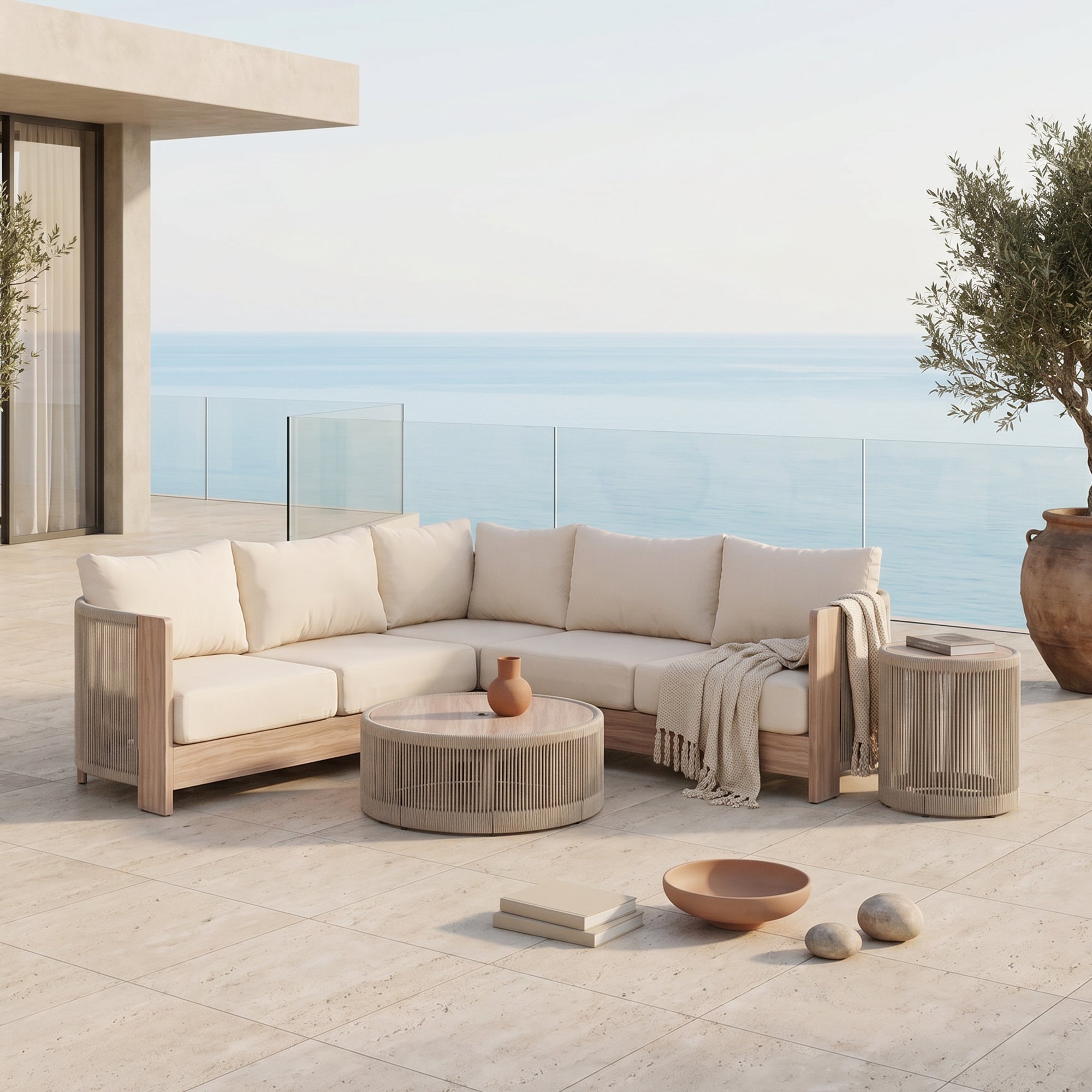 Irati Aluminum L-Shaped Rope Outdoor Sectionals with Mixed Tables(85"-112.2")