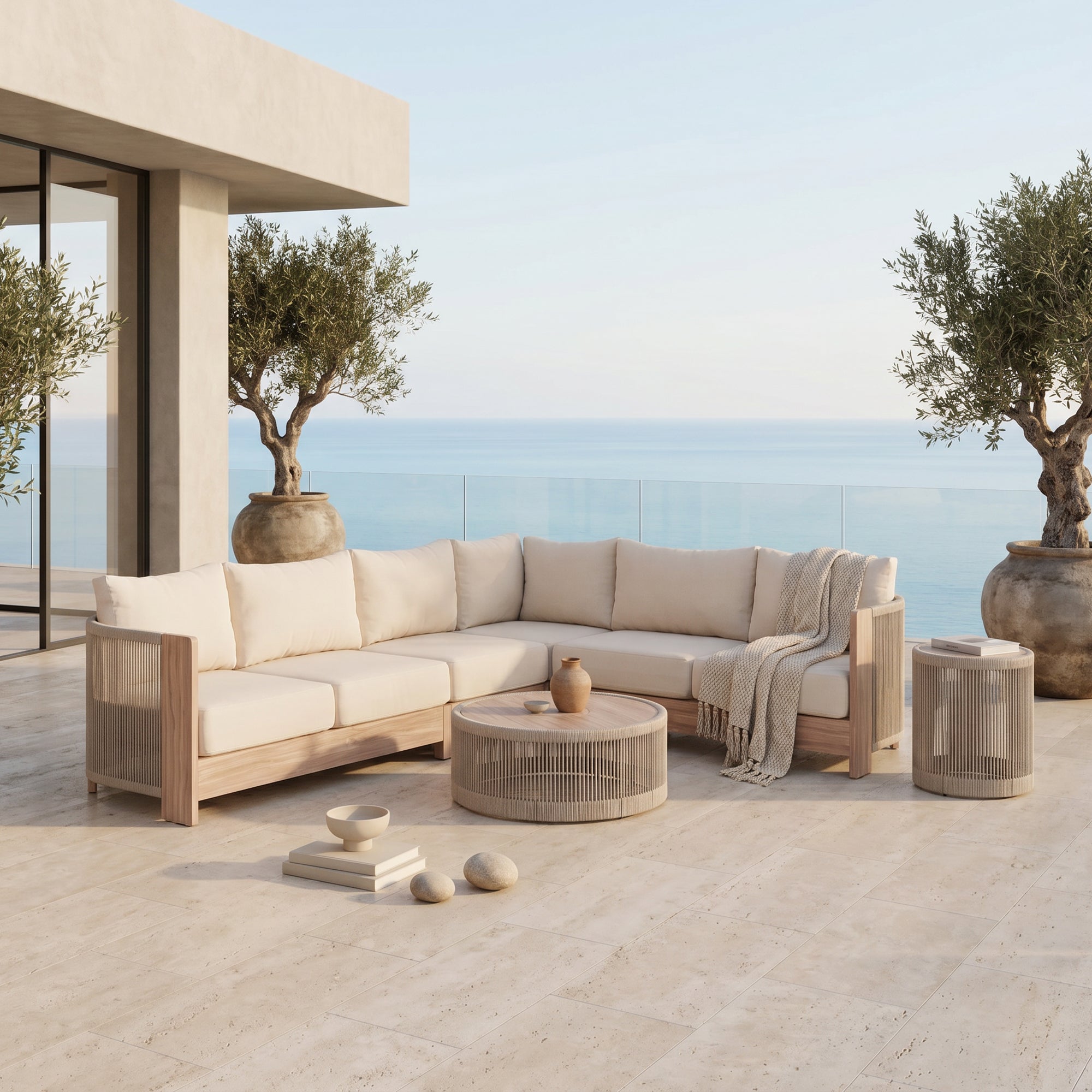 Irati Aluminum L-Shaped Rope Outdoor Sectionals with Mixed Tables(85"-112.2")