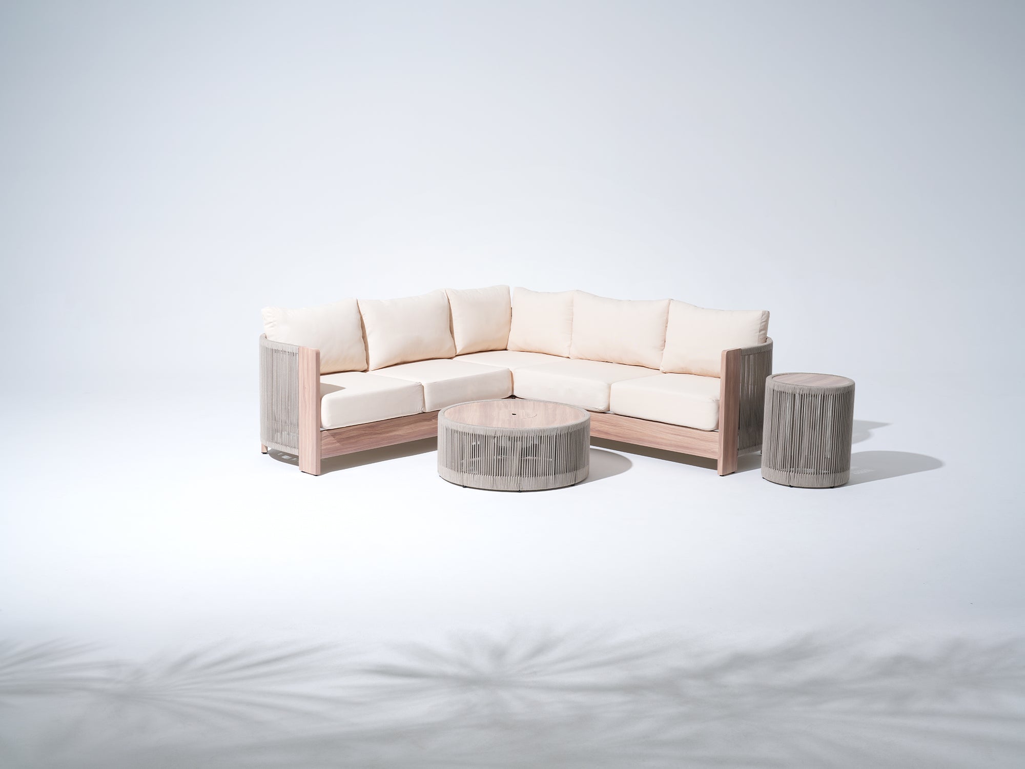 Irati Aluminum L-Shaped Rope Outdoor Sectionals with Mixed Tables(85"-112.2")