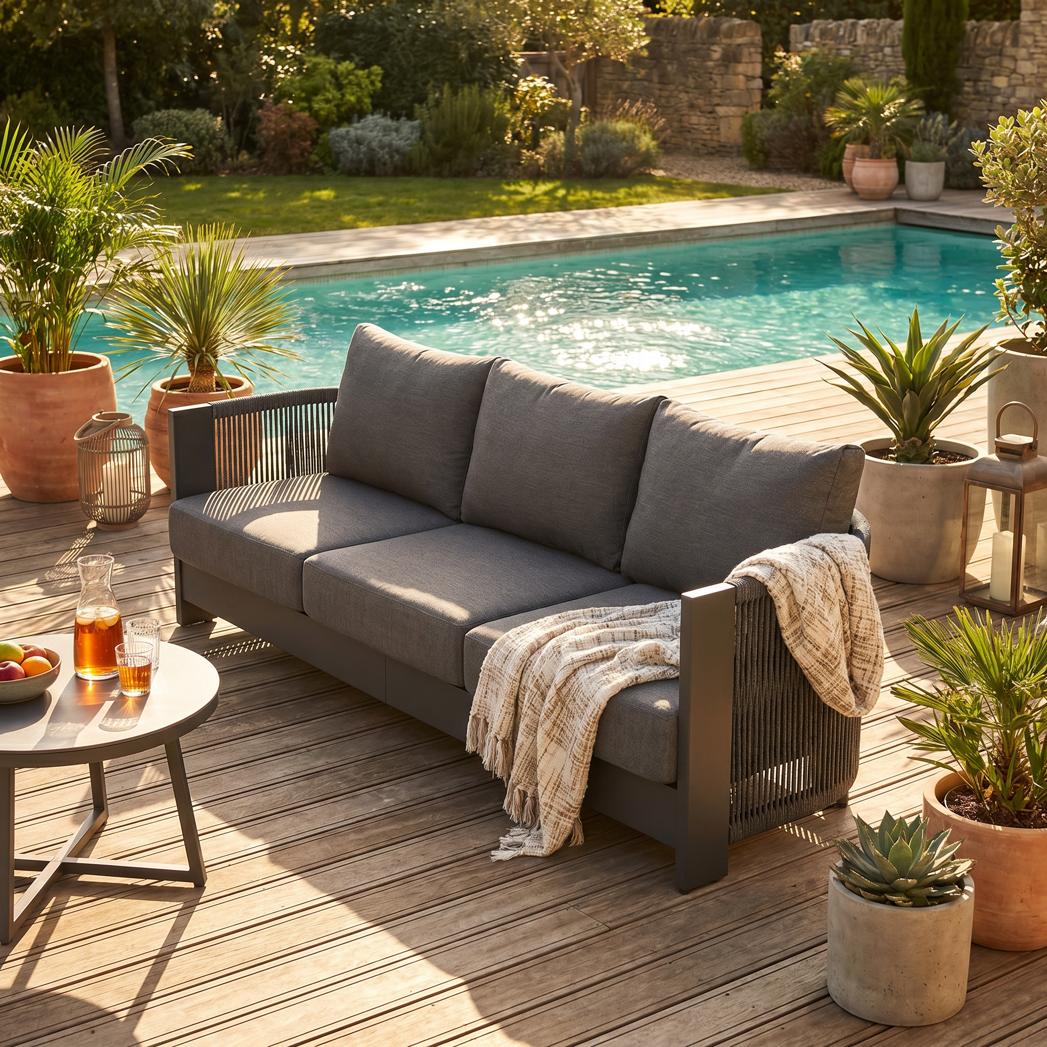 Irati 3-seat Outdoor Sofa, Modern Rope Design, Aluminum Frame, Thick Water-Resistant Cushions, Dark Grey