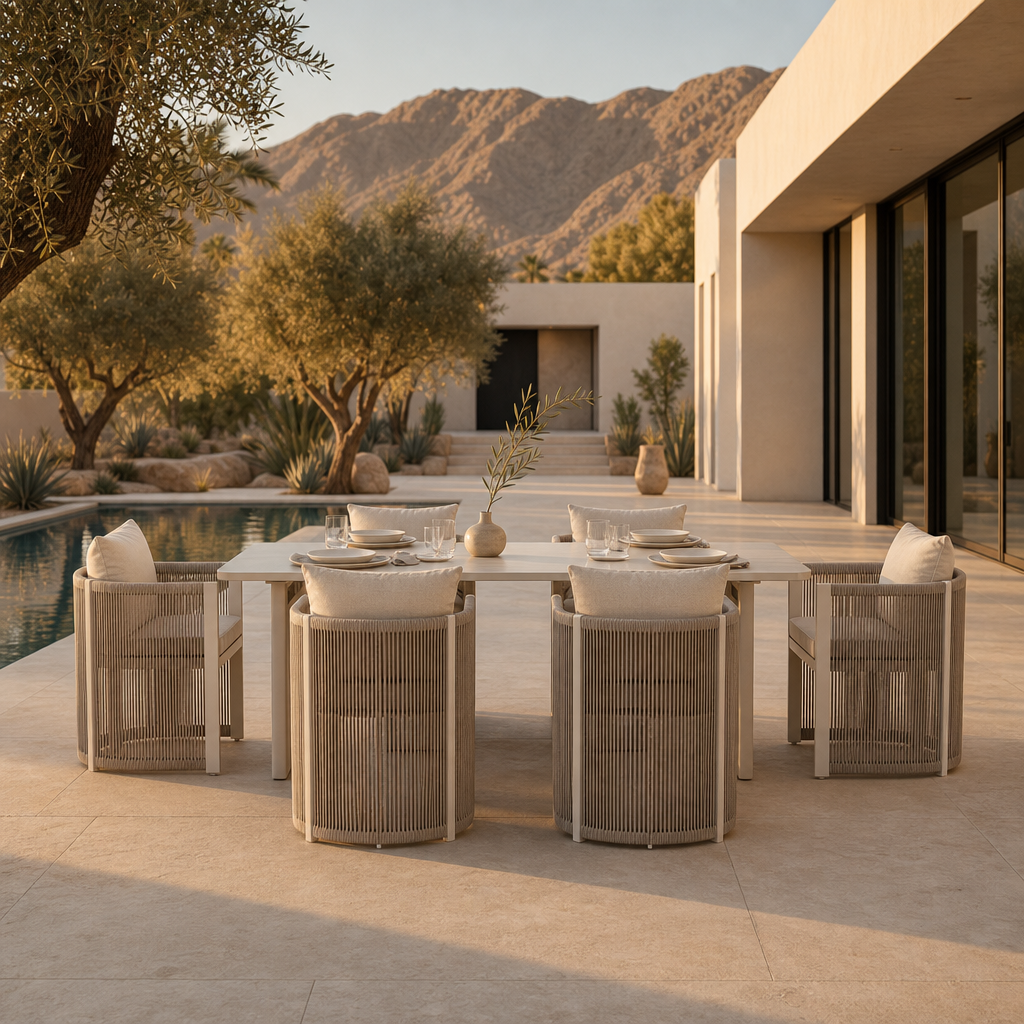 Irati Aluminum Outdoor Dining Set for 6-8 Seats, Oyster White, Rope Design, 86.6" Table