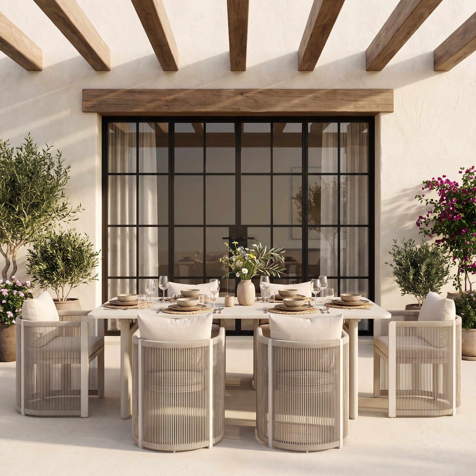 Irati Aluminum Outdoor Dining Set for 6-8 Seats, Oyster White, Rope Design, 86.6" Table