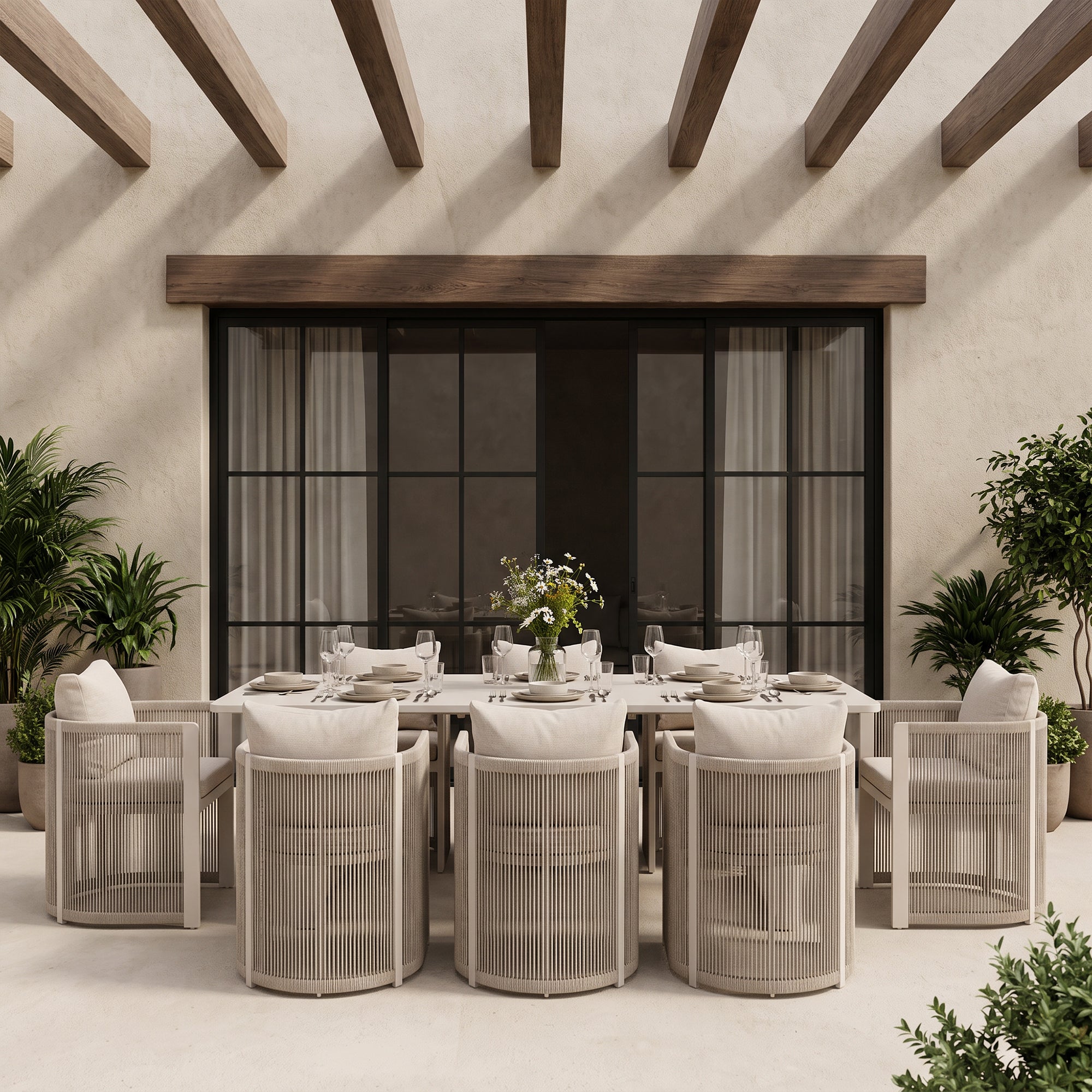 Irati Aluminum Outdoor Dining Set for 6-8 Seats, Oyster White, Rope Design, 86.6" Table