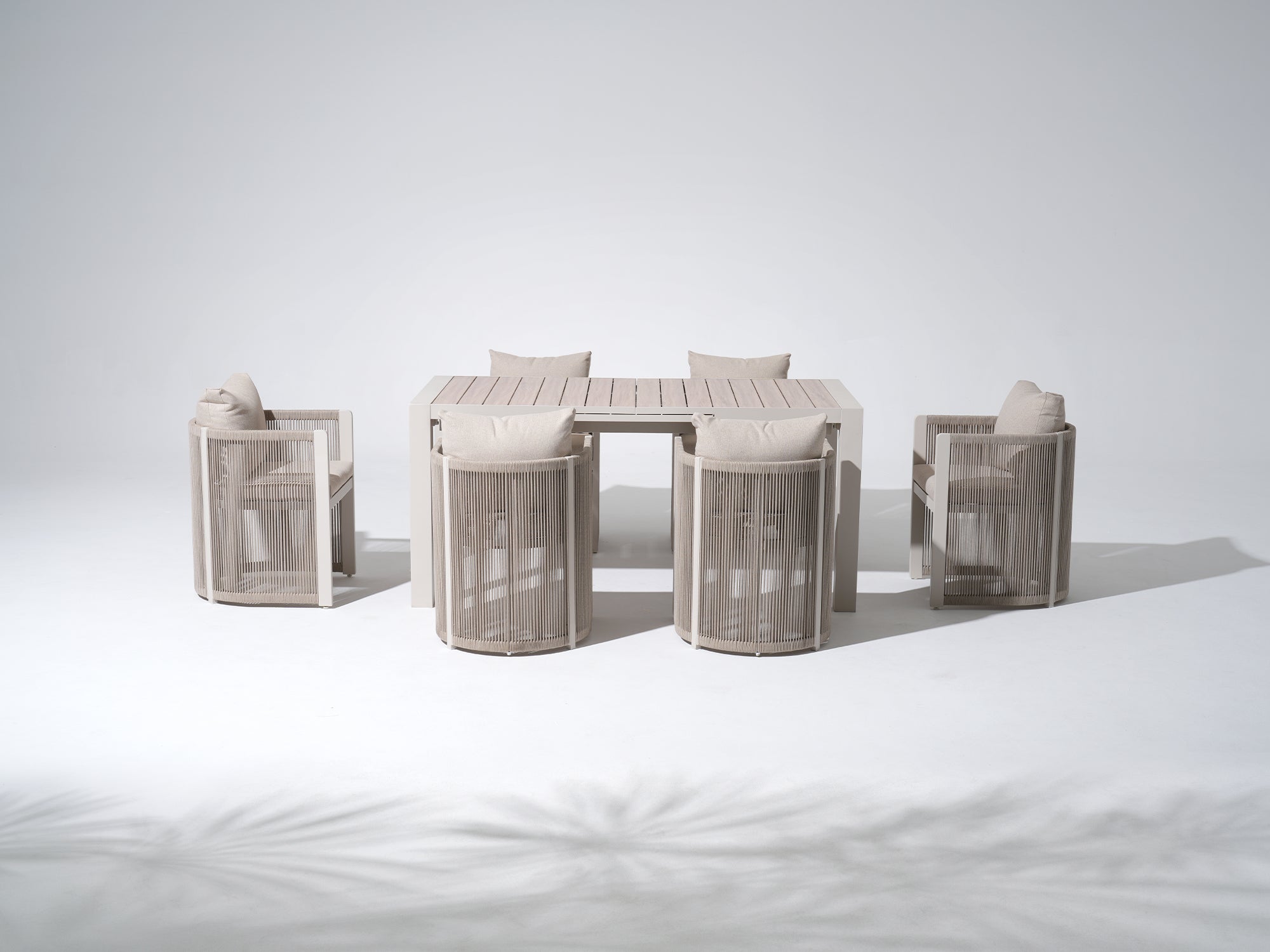 Irati Extendable Aluminum Outdoor Dining Set for 6-8 Seats, Oyster White, Rope Design, Heat‑Transfer Wood‑Look Tabletop