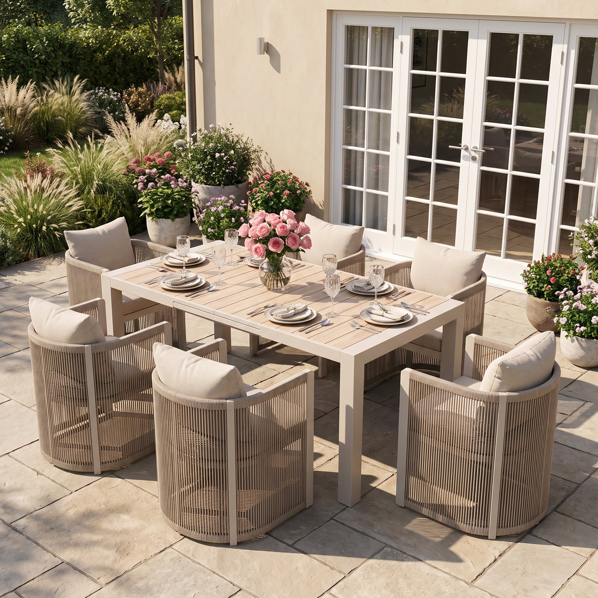 Irati Extendable Aluminum Outdoor Dining Set for 6-8 Seats, Oyster White, Rope Design, Heat‑Transfer Wood‑Look Tabletop
