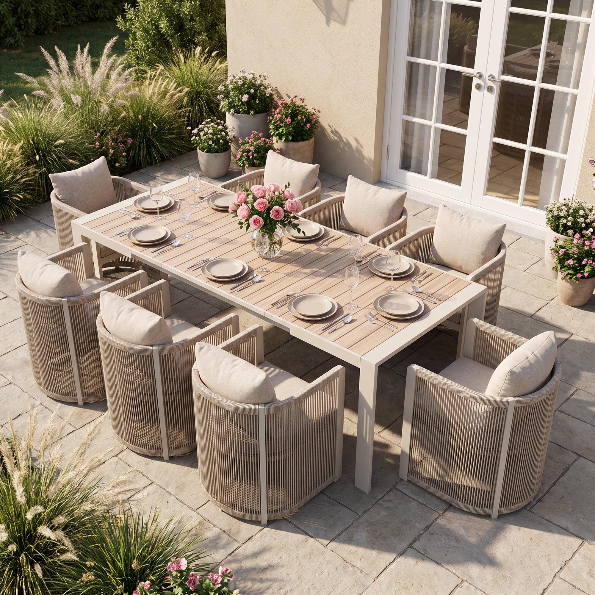Irati Extendable Aluminum Outdoor Dining Set for 6-8 Seats, Oyster White, Rope Design, Heat‑Transfer Wood‑Look Tabletop