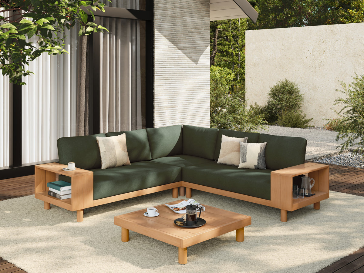 Kiri Eucalyptus Wood L-Shaped Outdoor Sectional Sofa Set with Storage Armrest, Green Cushions