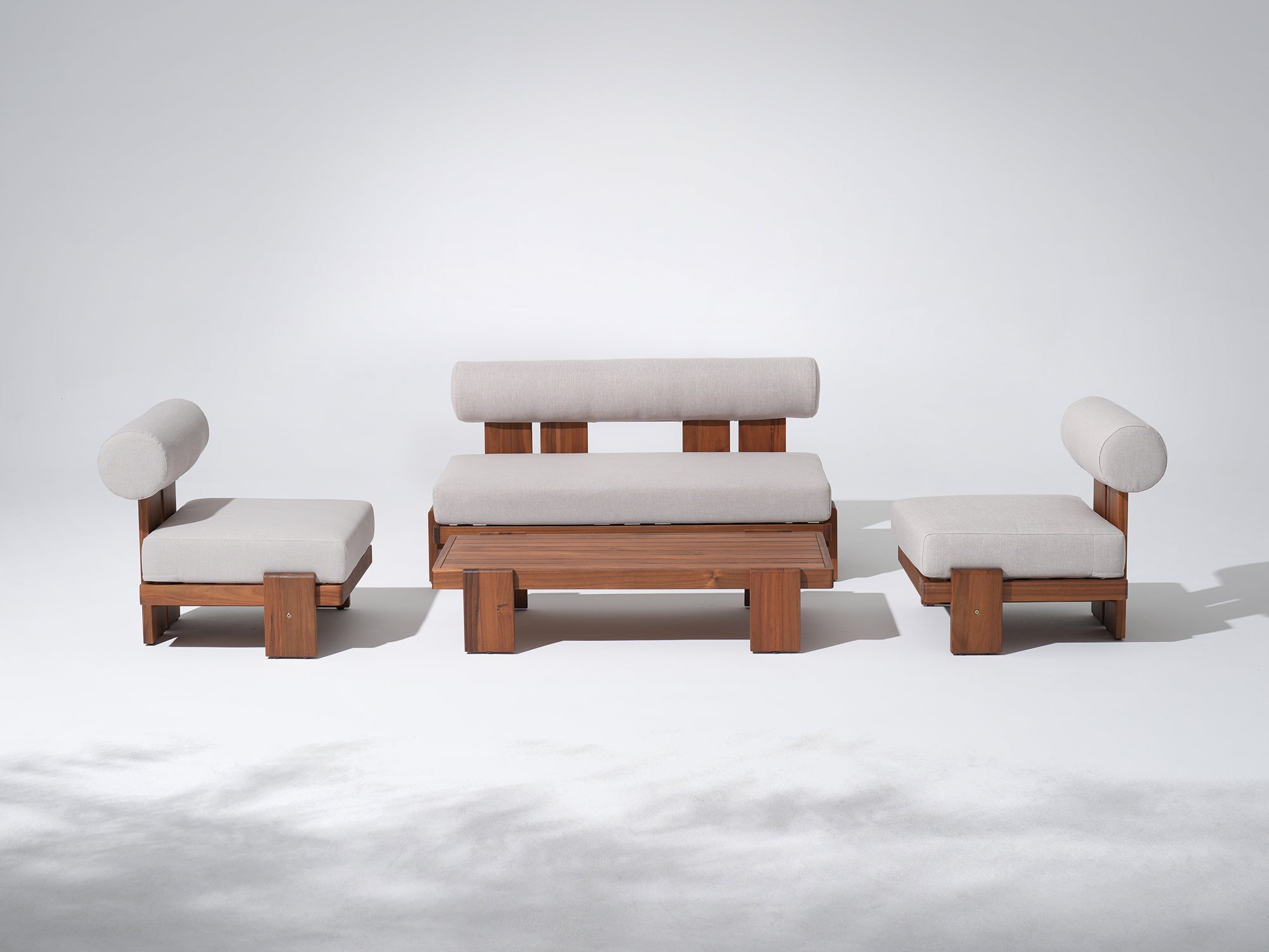 Wooden outdoor furniture set with white cushions, loveseat, two armless single sofa, a large coffee table- Jardina Modern Premium Outdoor Patio Furniture Sets