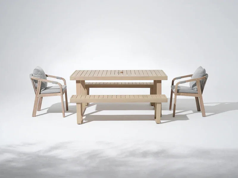 Thalea Mixed Finish Outdoor Rectangular Wooden Dining Set, Umbrella Hole for 4-6 People, 67" Sled-Leg
