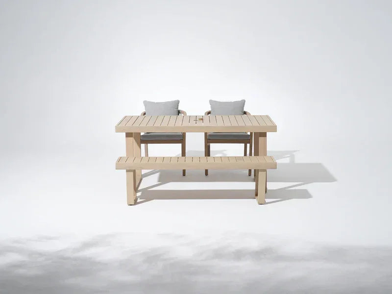 Thalea Mixed Finish Outdoor Rectangular Wooden Dining Set, Umbrella Hole for 4-6 People, 67" Sled-Leg