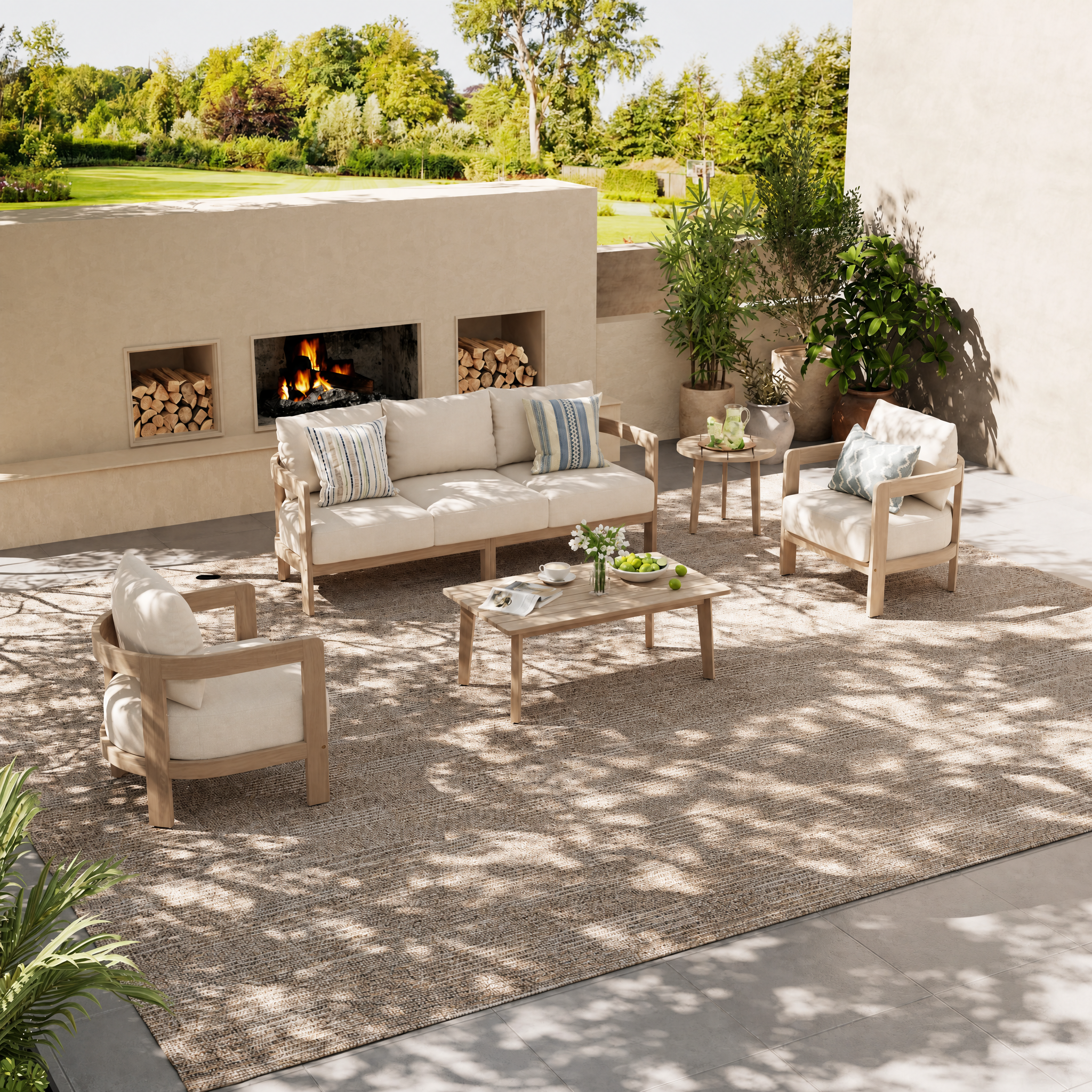 Cali 5 Seats Wooden Outdoor Sofa Set, Mixed Tables & 6.3''Thick Cushions