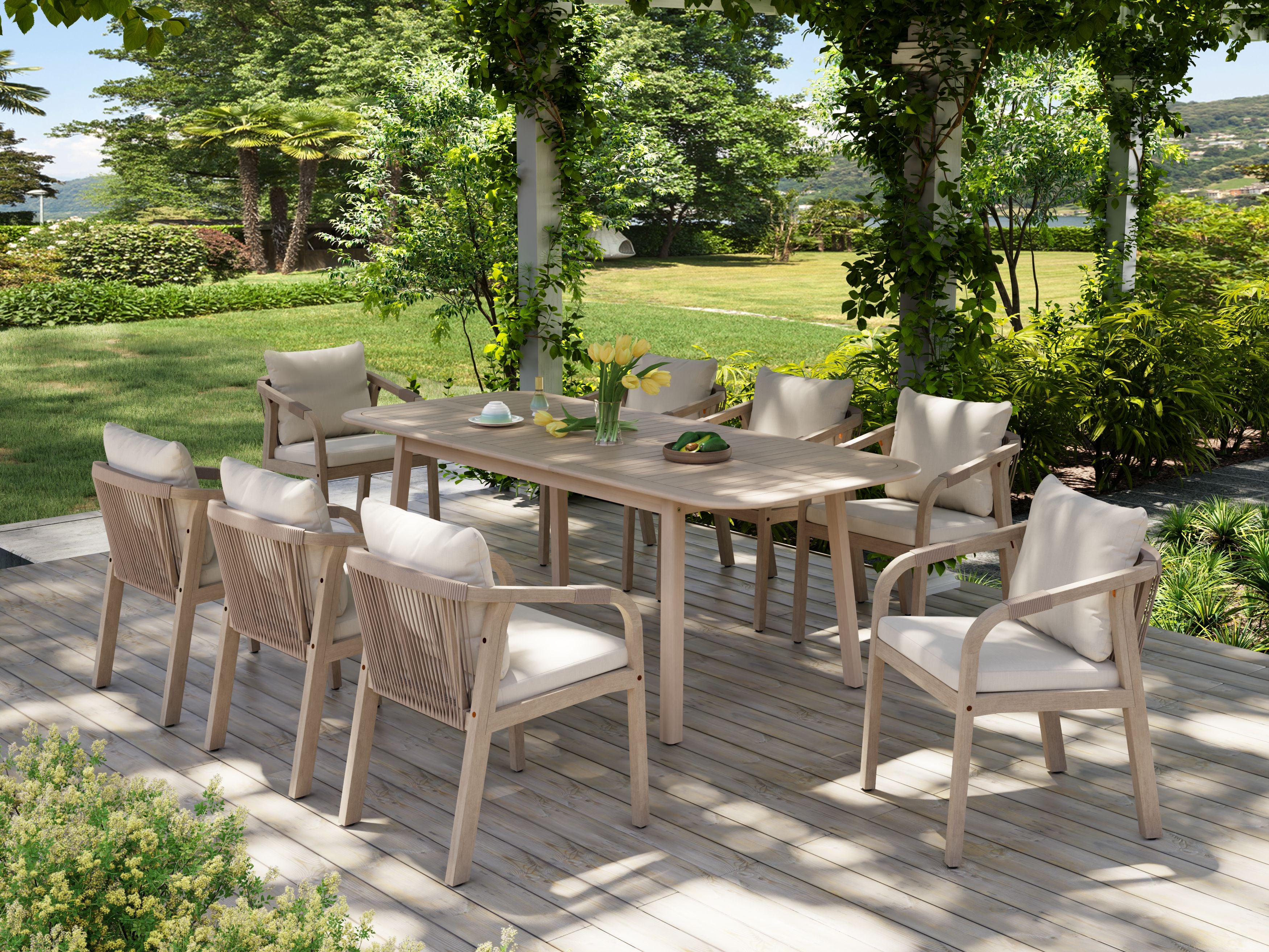 Thalea White Smooth Rectangular Wooden Dining Set with Extendable Design, 6-8 Seats, 63"-82.7"