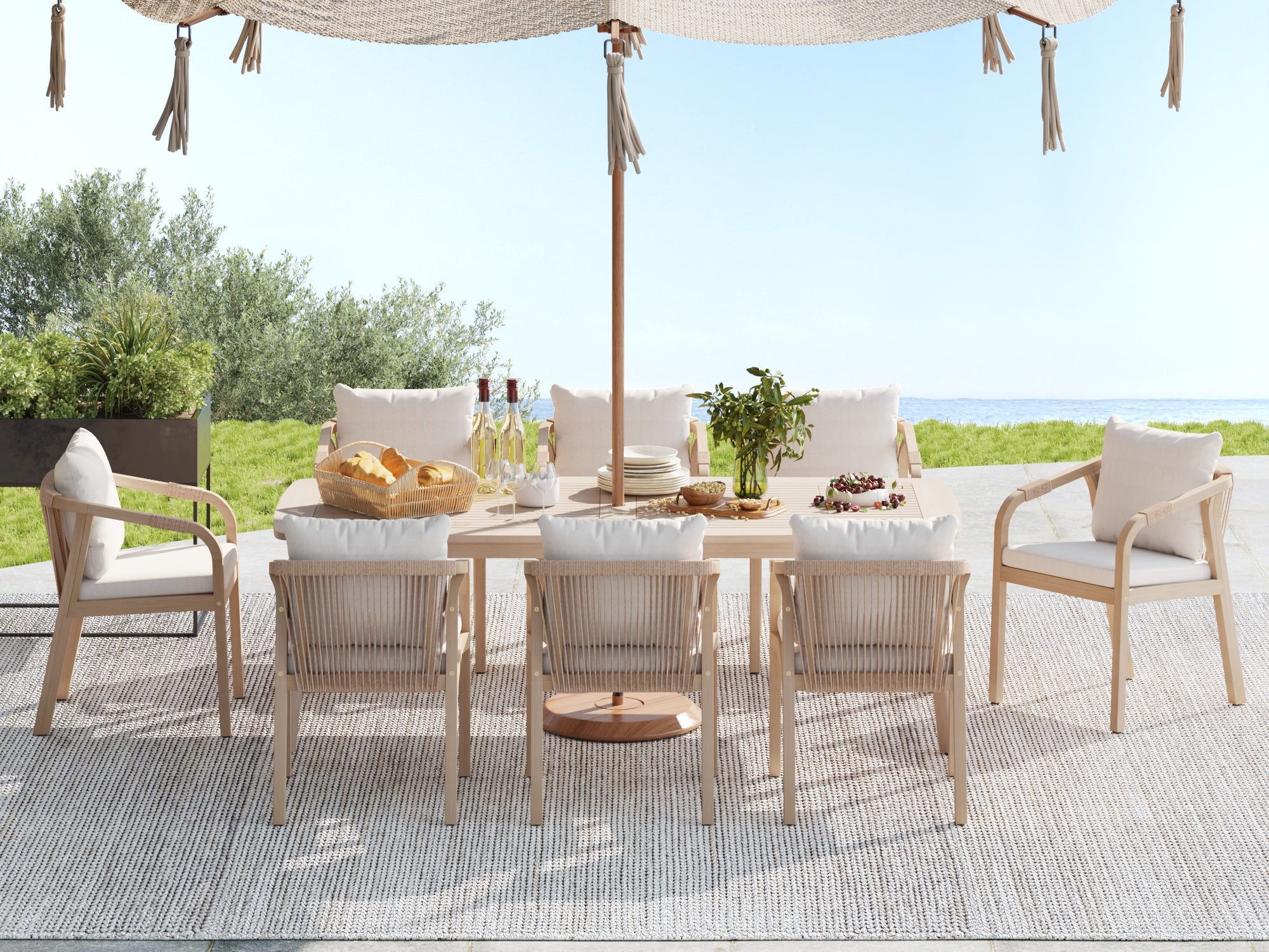 Lumi Wooden Outdoor Dining Set with Umbrella Hole, 8 Seats, Rope Design, 83'' Table