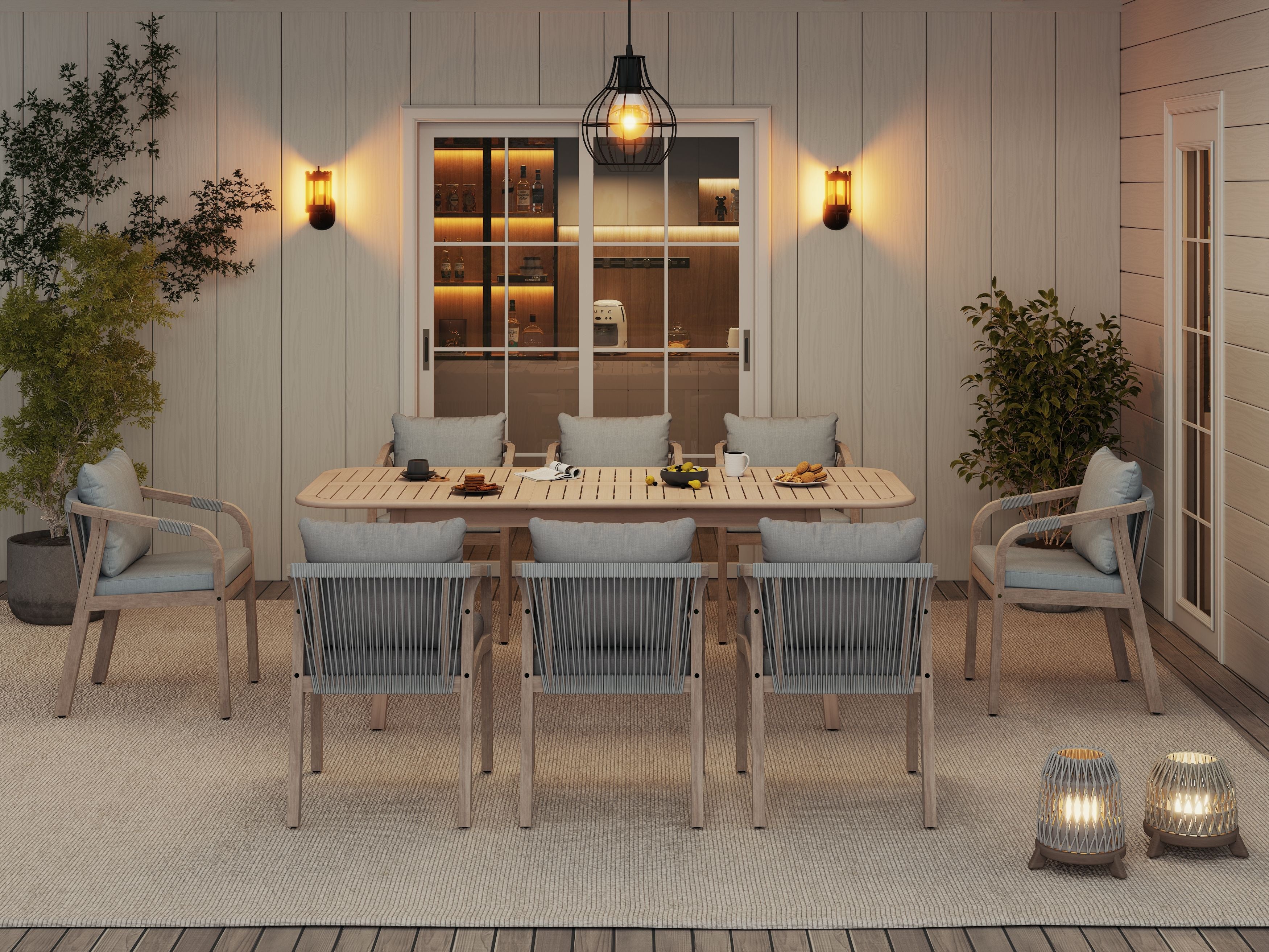 Thalea Wooden Dining Set with Smooth Extendable Table & Textured Rope Chairs, 6-8 Seats, 63"-82.7"