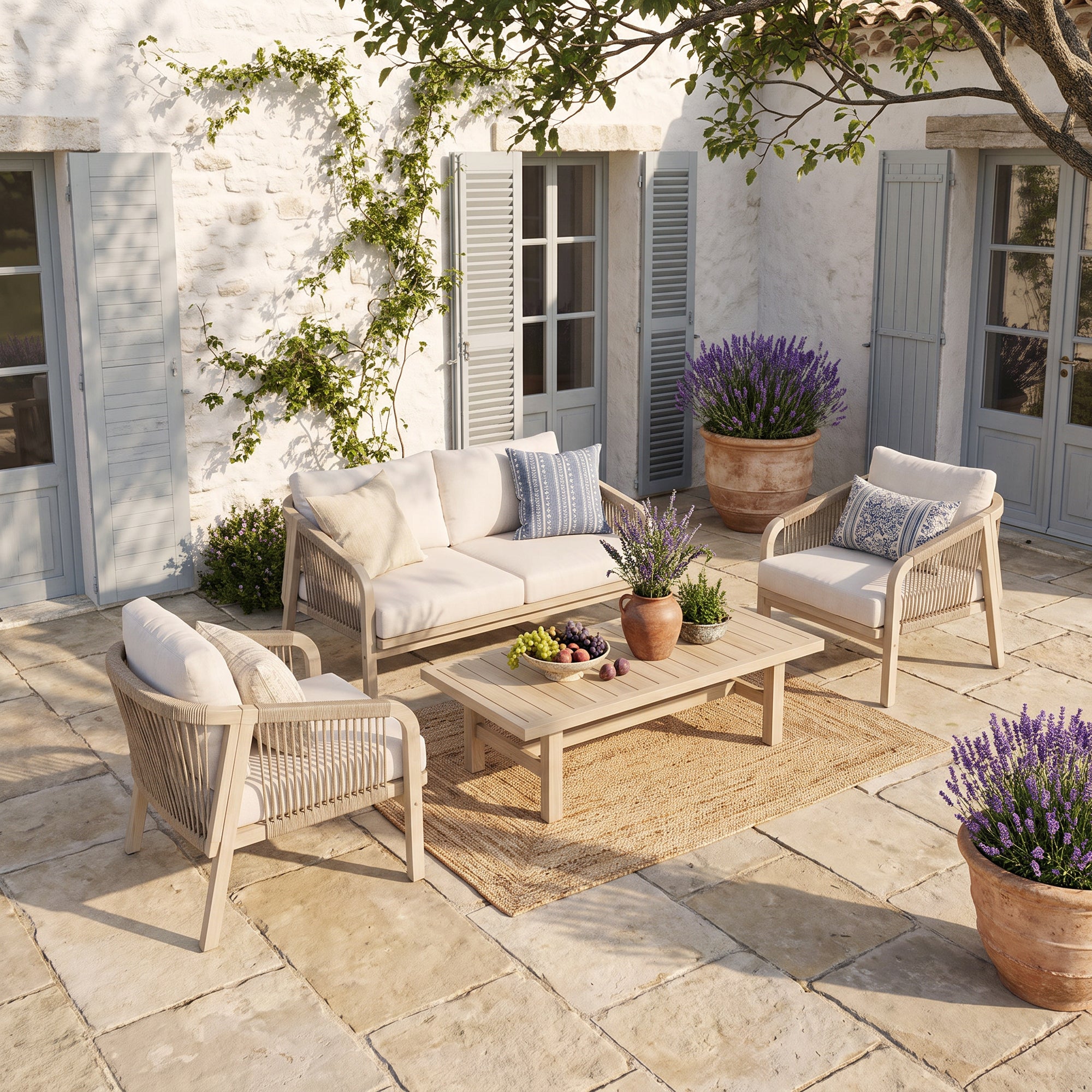 Thalea 4-Piece Wooden Outdoor Conversation Set, Rope Patio Furniture with Cream Cushions