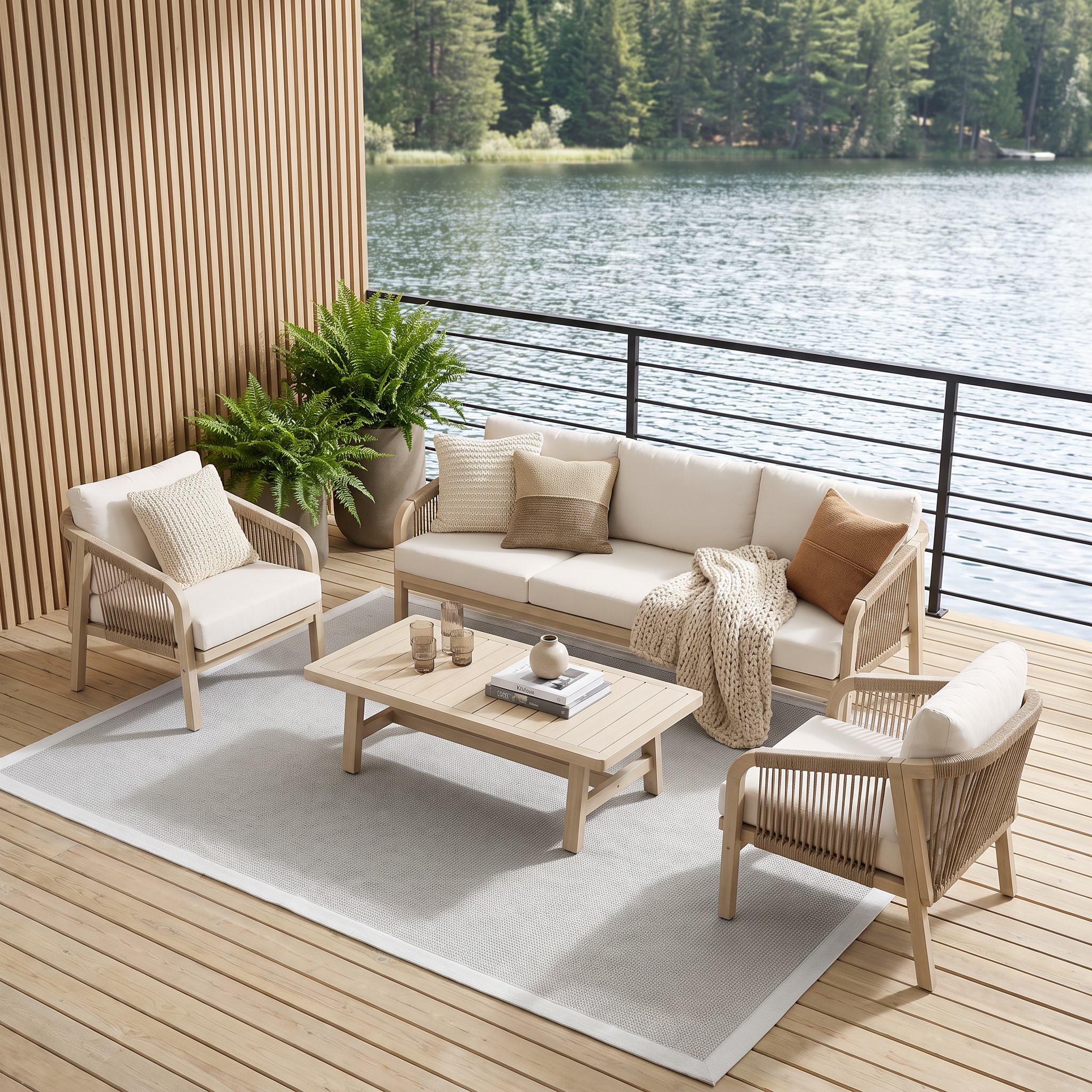 Thalea 5-Seater Smooth Wooden Outdoor Conversation Set, Rope Patio Furniture with Cream Cushions