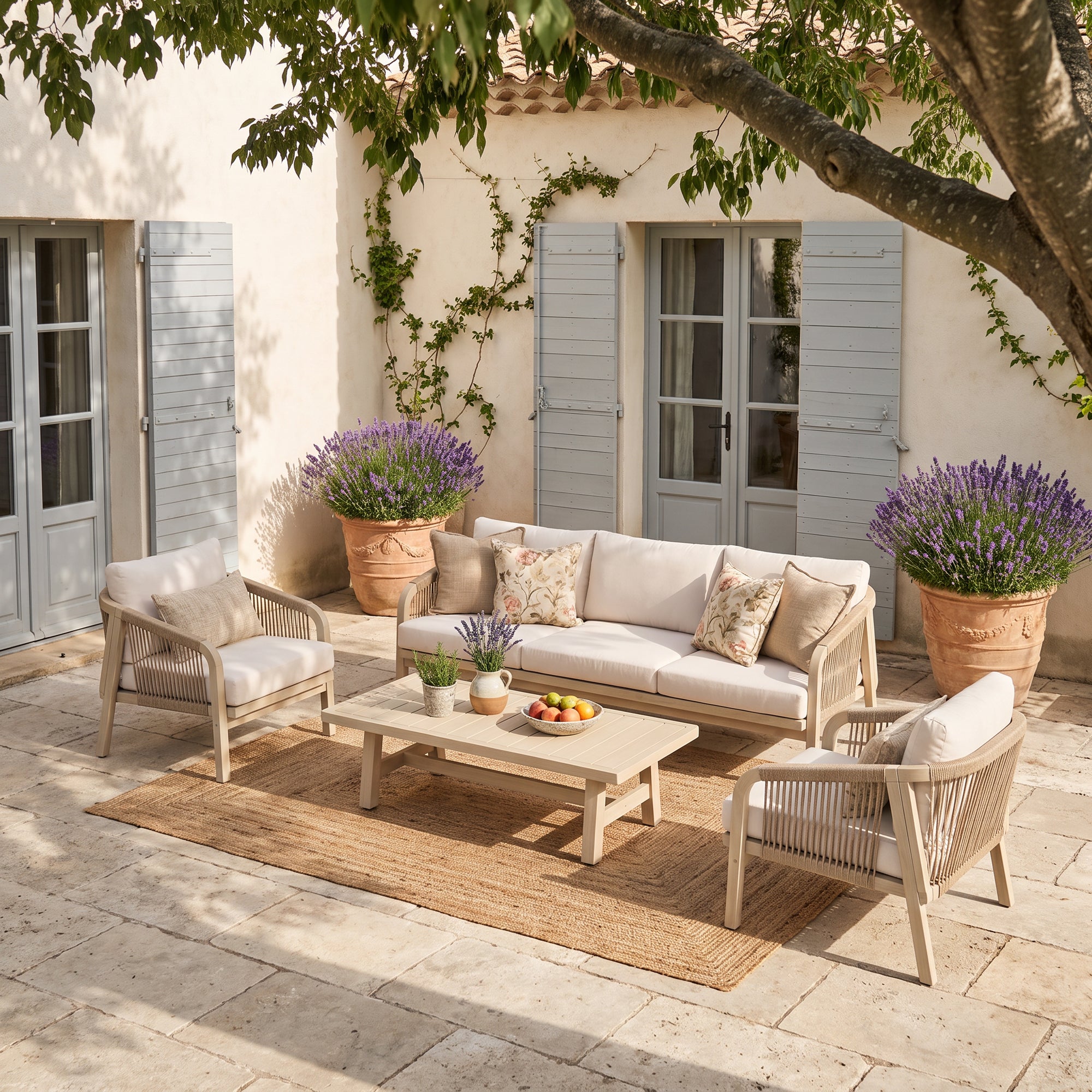 Thalea 5-Seater Smooth Wooden Outdoor Conversation Set, Rope Patio Furniture with Cream Cushions