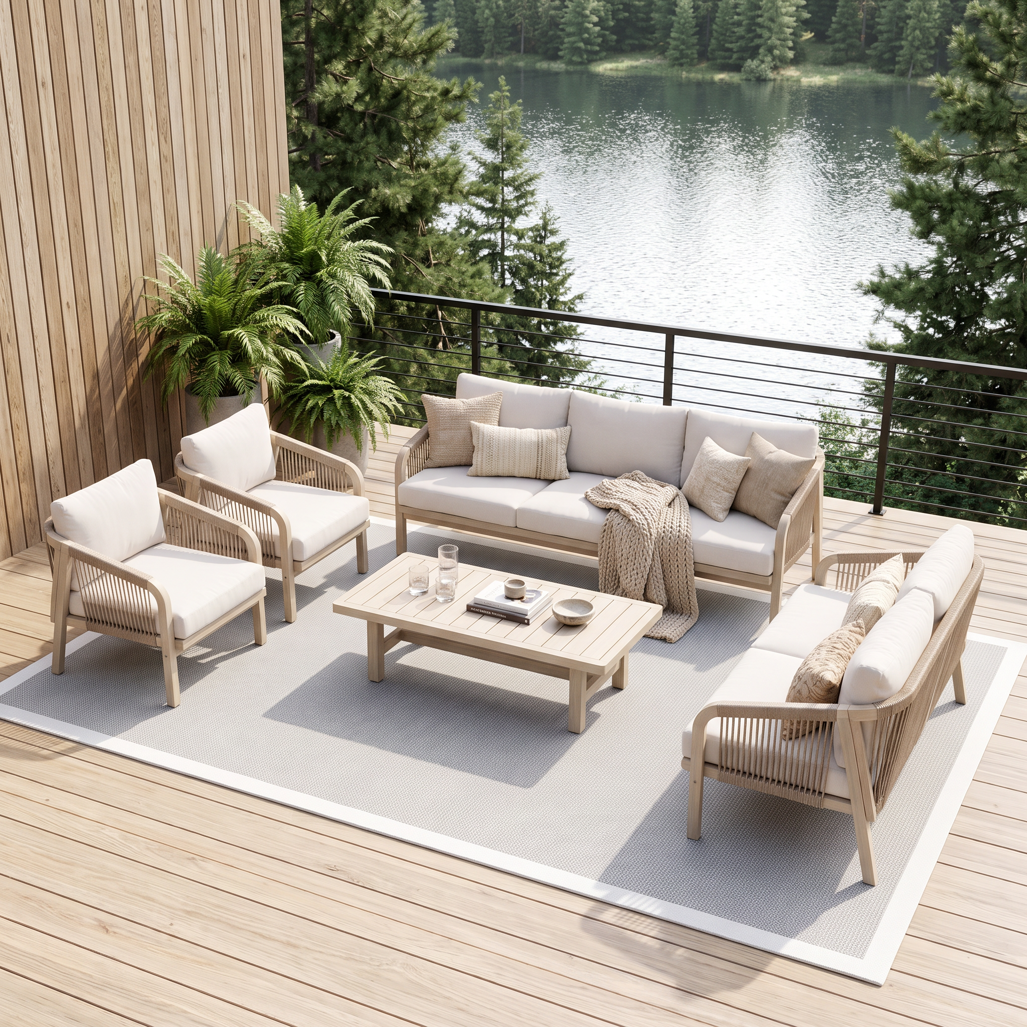 Thalea 7-Seater Wooden Patio Conversation Set with Coffee Table in Cream