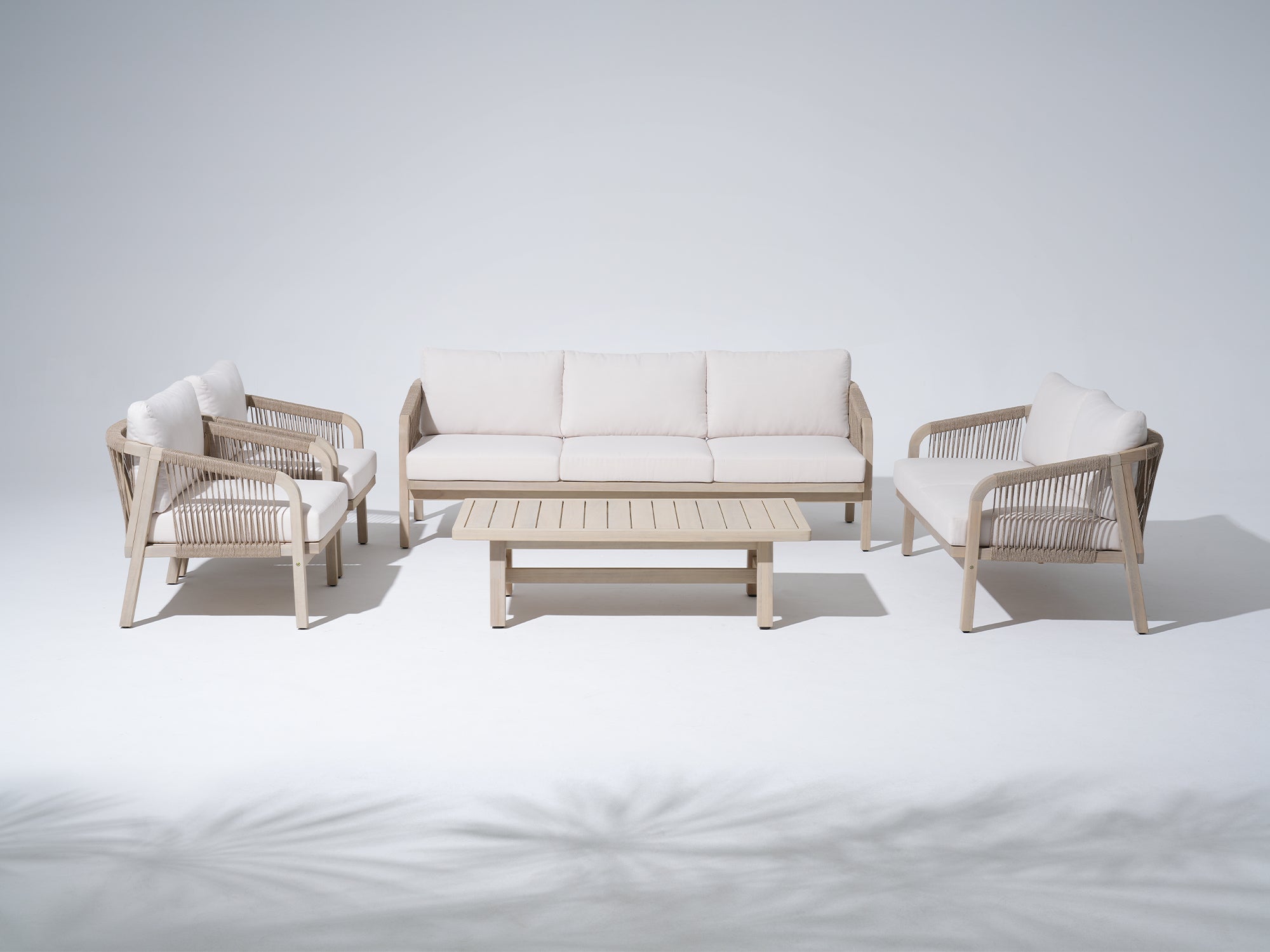 Thalea Textured 7-Seater Wooden Patio Conversation Set with Coffee Table in Cream