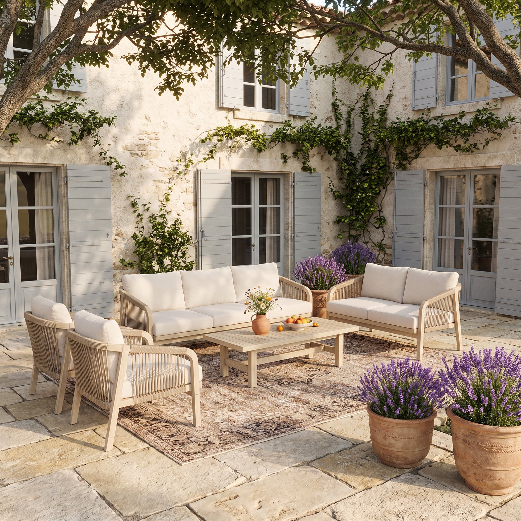 Thalea Textured 7-Seater Wooden Patio Conversation Set with Coffee Table in Cream