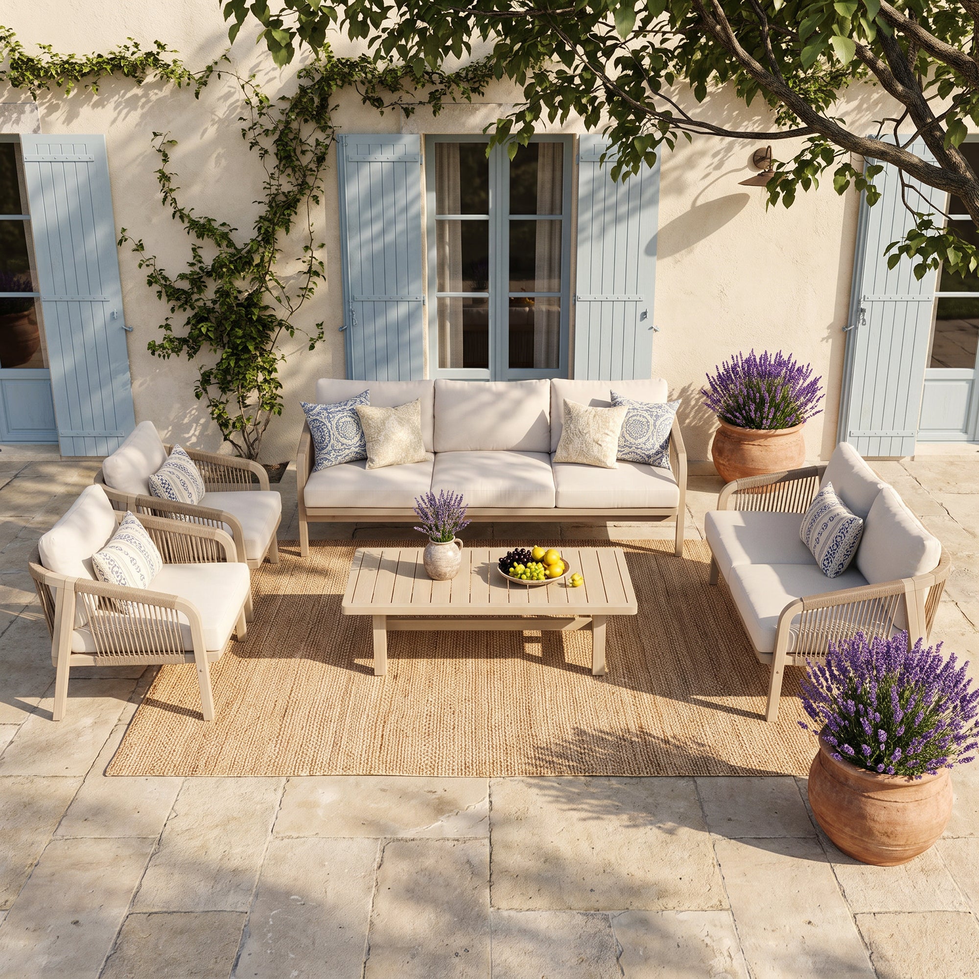 Thalea Textured 7-Seater Wooden Patio Conversation Set with Coffee Table in Cream