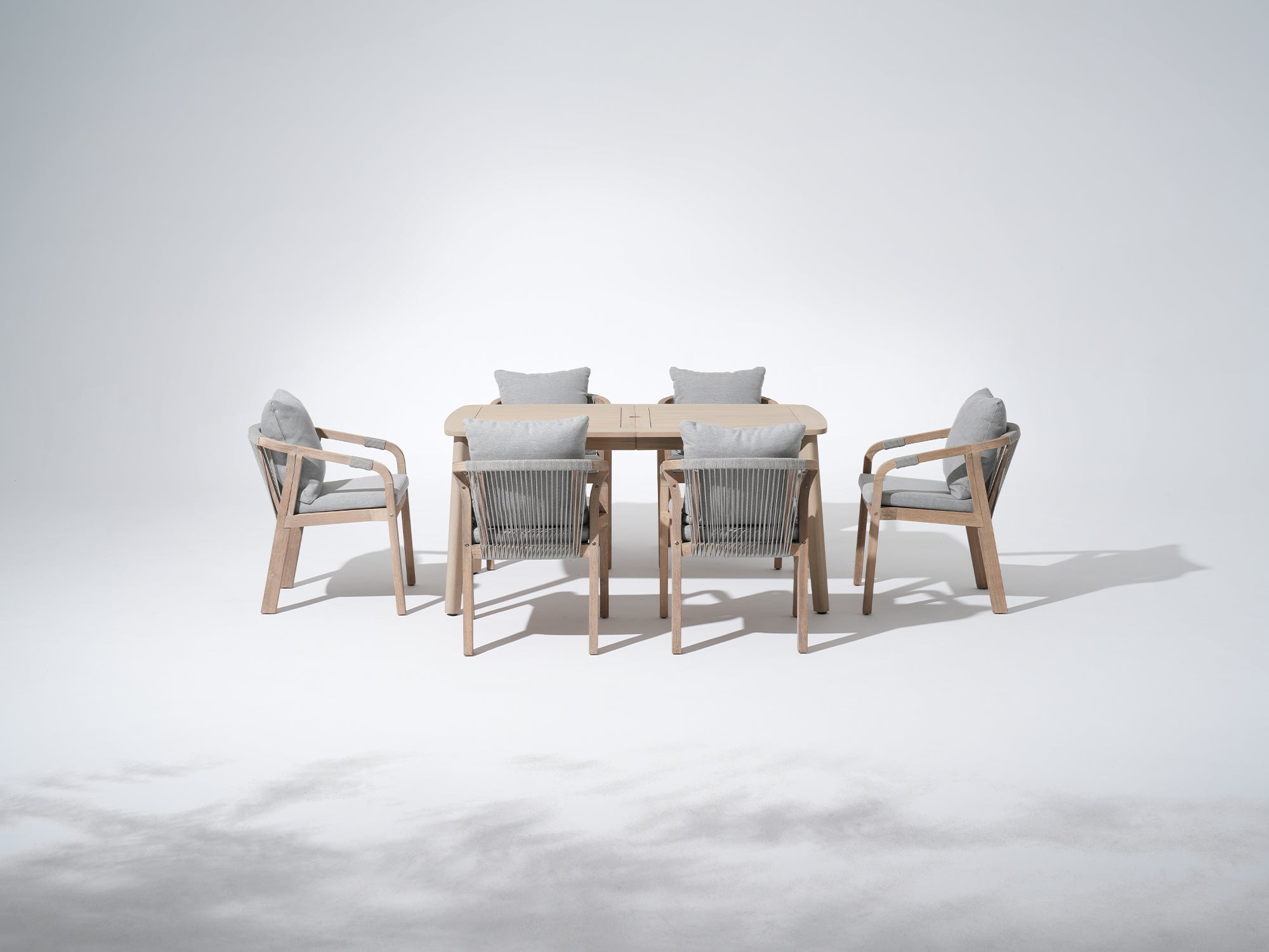 Thalea Compact 63'' Wooden Outdoor Dining Set with 4-6 Rope Chairs, Cushions & Umbrella Hole