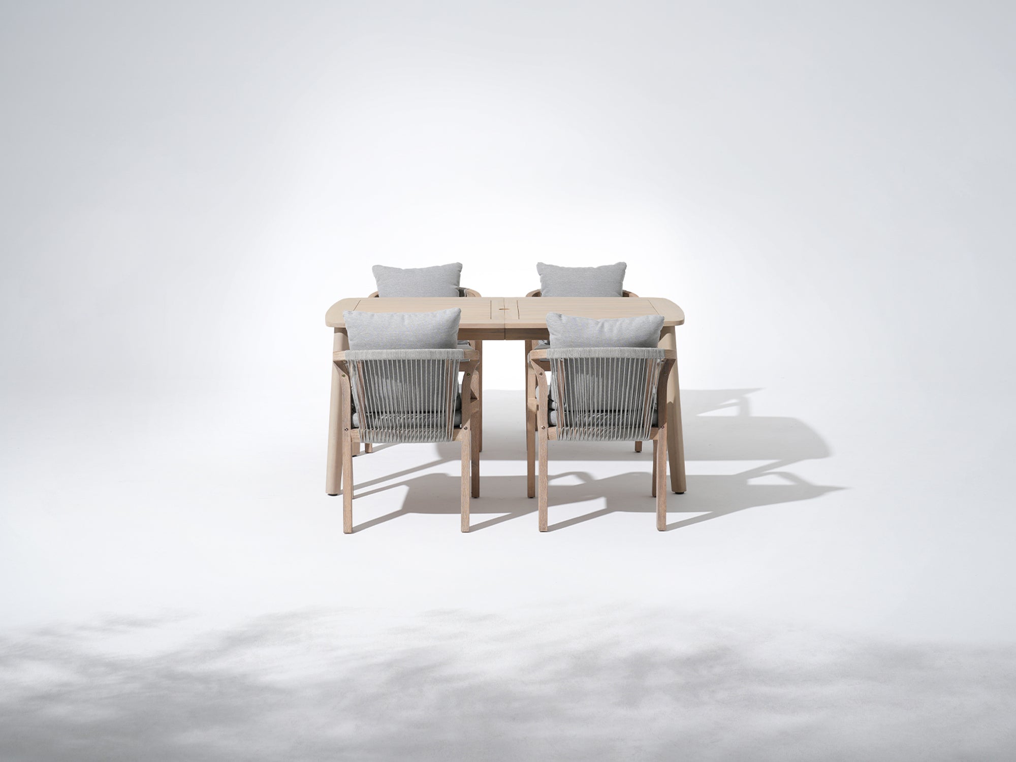 Thalea Compact 63'' Wooden Outdoor Dining Set with 4-6 Rope Chairs, Cushions & Umbrella Hole