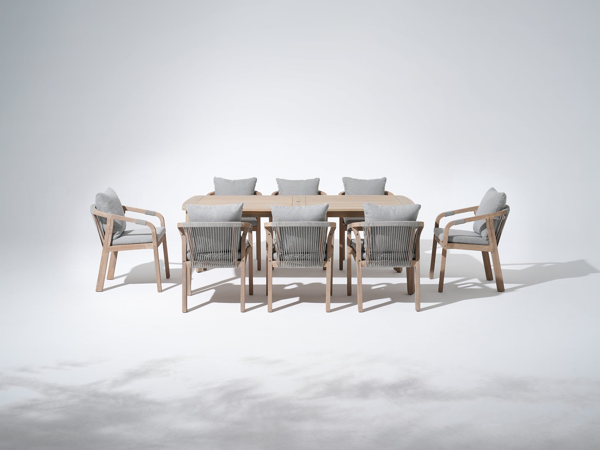 Thalea 83'' Rectangular Wooden Outdoor Dining Set with 8 Rope Chairs, Cushions & Umbrella Hole