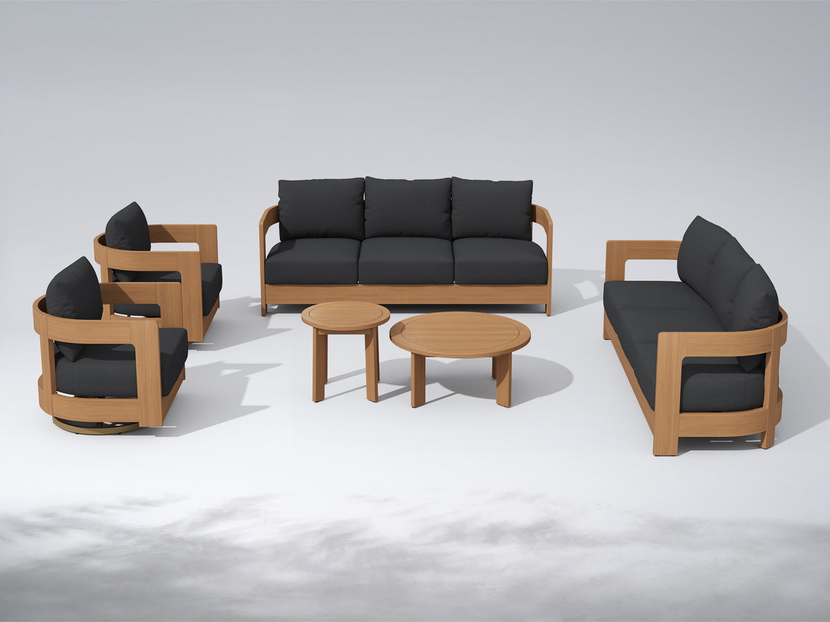 Sova Eucalyptus Wood Outdoor Conversation Set with Swivel Chairs & Two Tables, Black Cushions