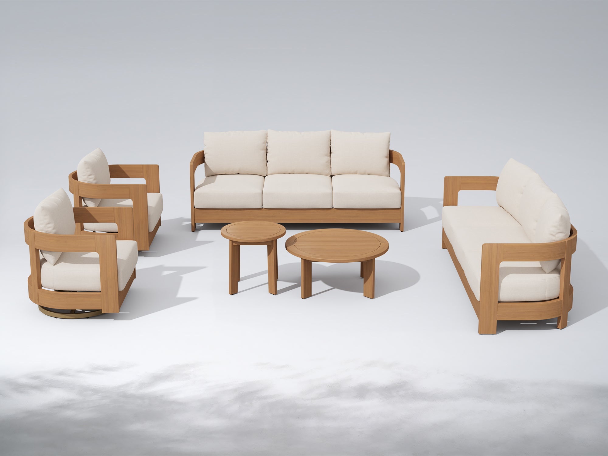 Sova Wood Outdoor Furniture Conversation Set with Swivel Chairs & Two Tables, Eucalyptus wood