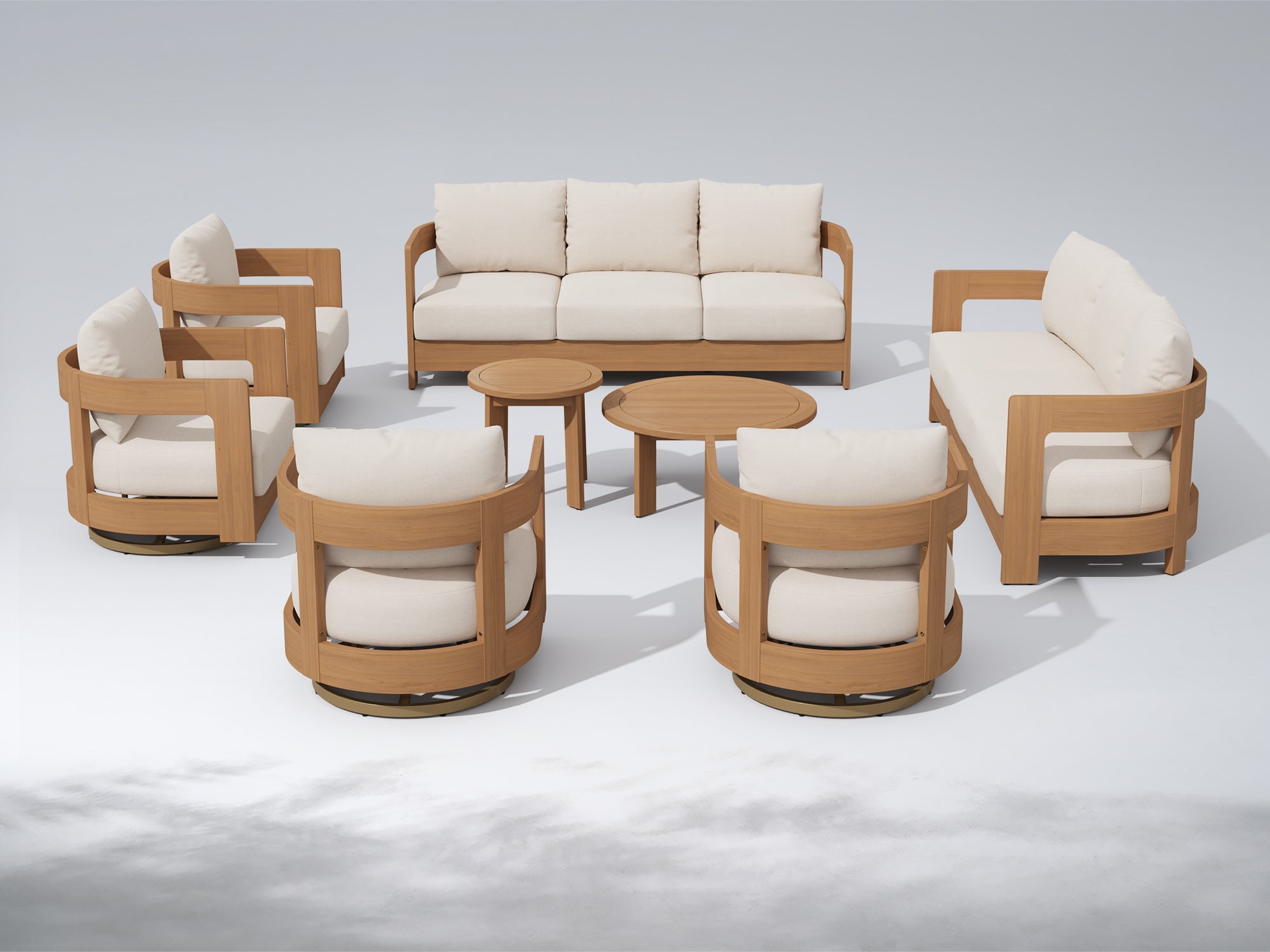 Sova Wood Outdoor Furniture Conversation Set with Swivel Chairs & Two Tables, Eucalyptus wood