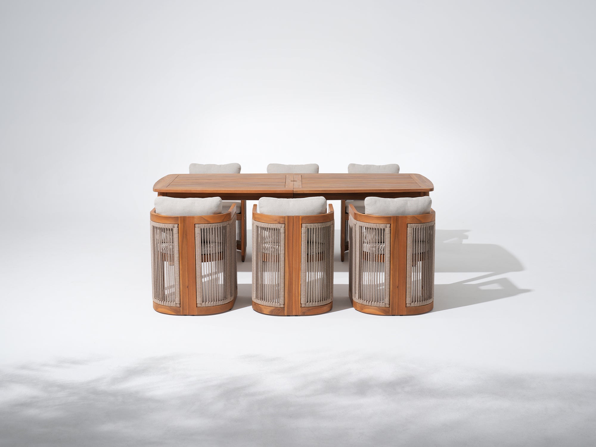 Modern Wooden rectangular dining table with umbrella hole and four matching chairs 