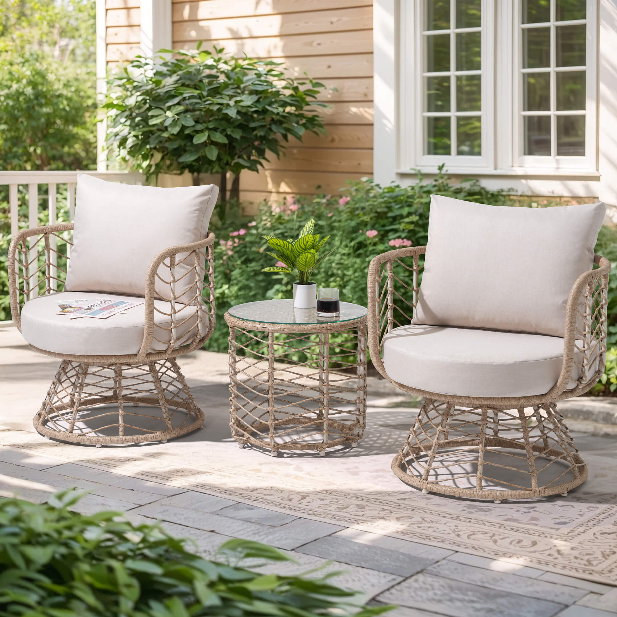 Hallerbos 3-Piece Wicker Patio Bistro Set with table, Swivel Chair