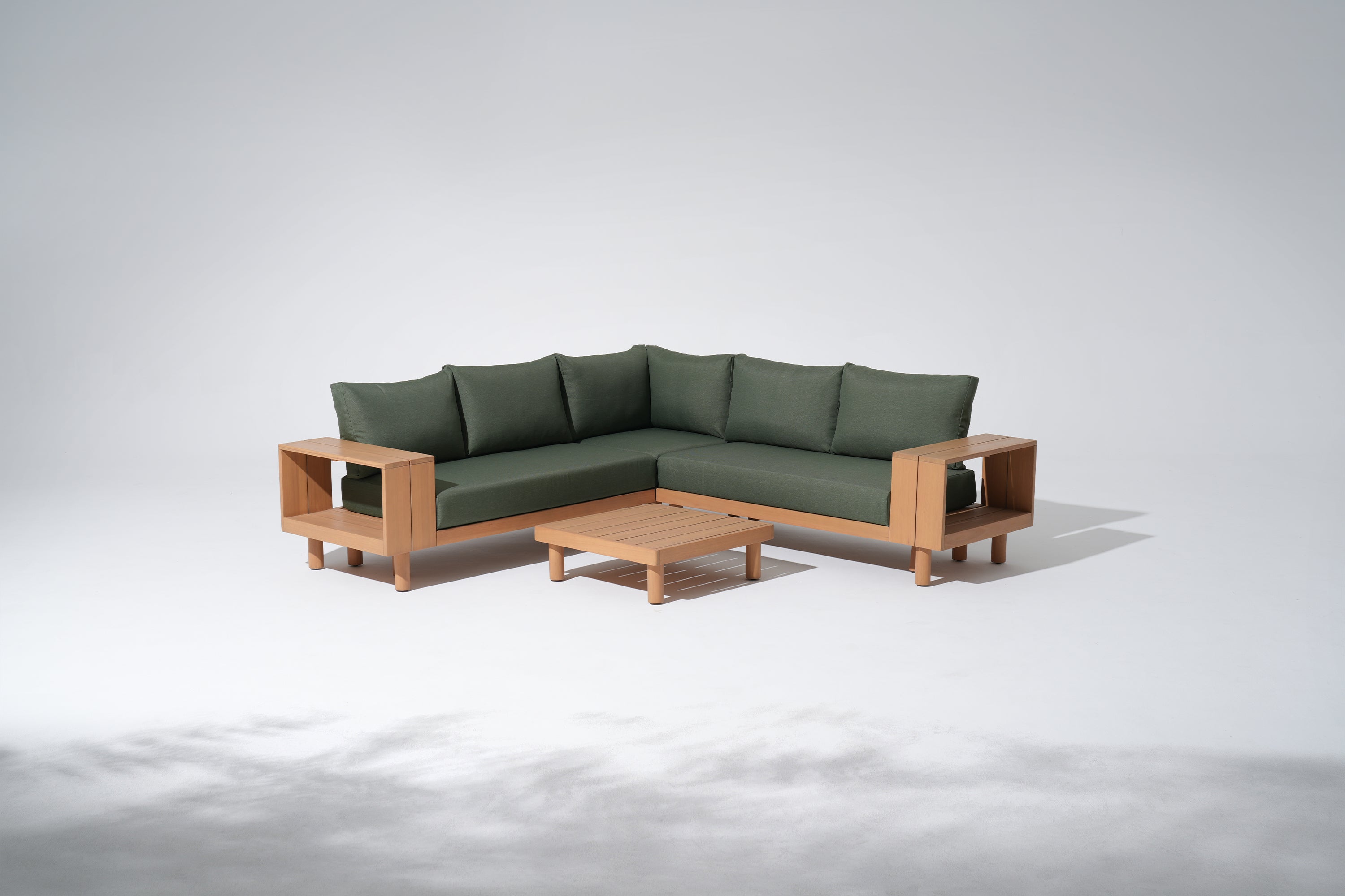 Kiri Eucalyptus Wood L-Shaped Outdoor Sectional Sofa Set with Storage Armrest, Green Cushions