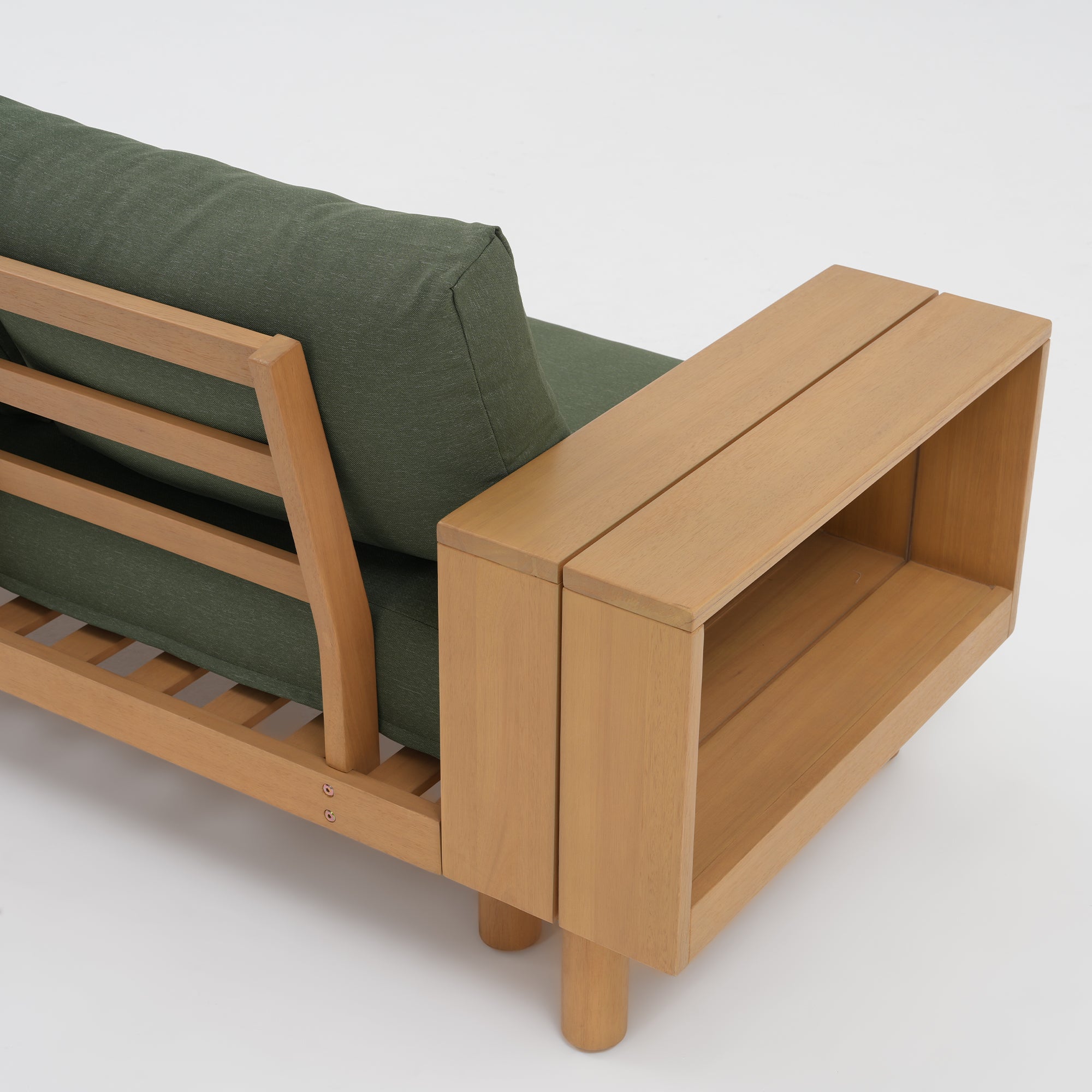 Kiri Eucalyptus Wood L-Shaped Outdoor Sectional Sofa Set with Storage Armrest, Green Cushions