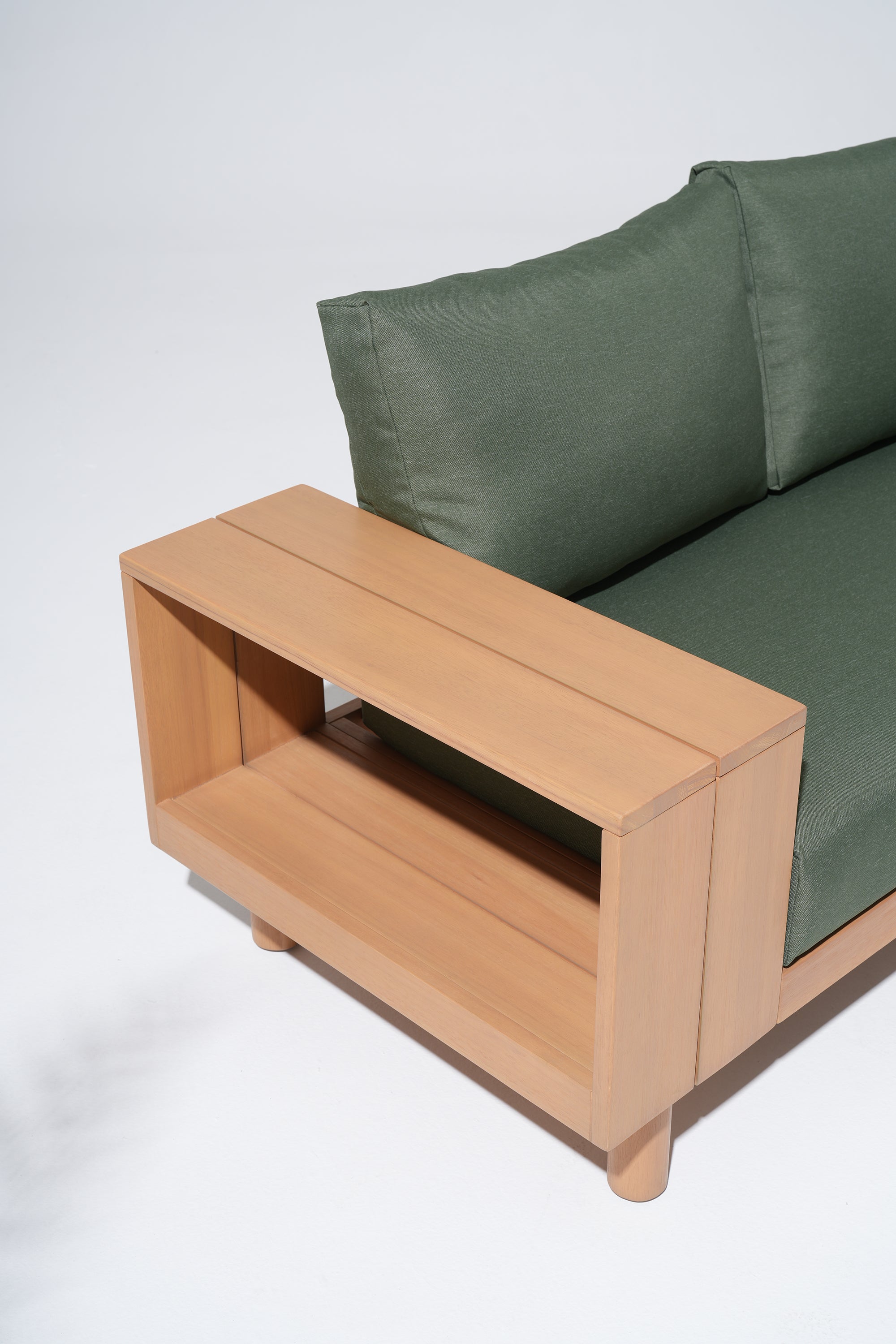 Kiri Eucalyptus Wood L-Shaped Outdoor Sectional Sofa Set with Storage Armrest, Green Cushions