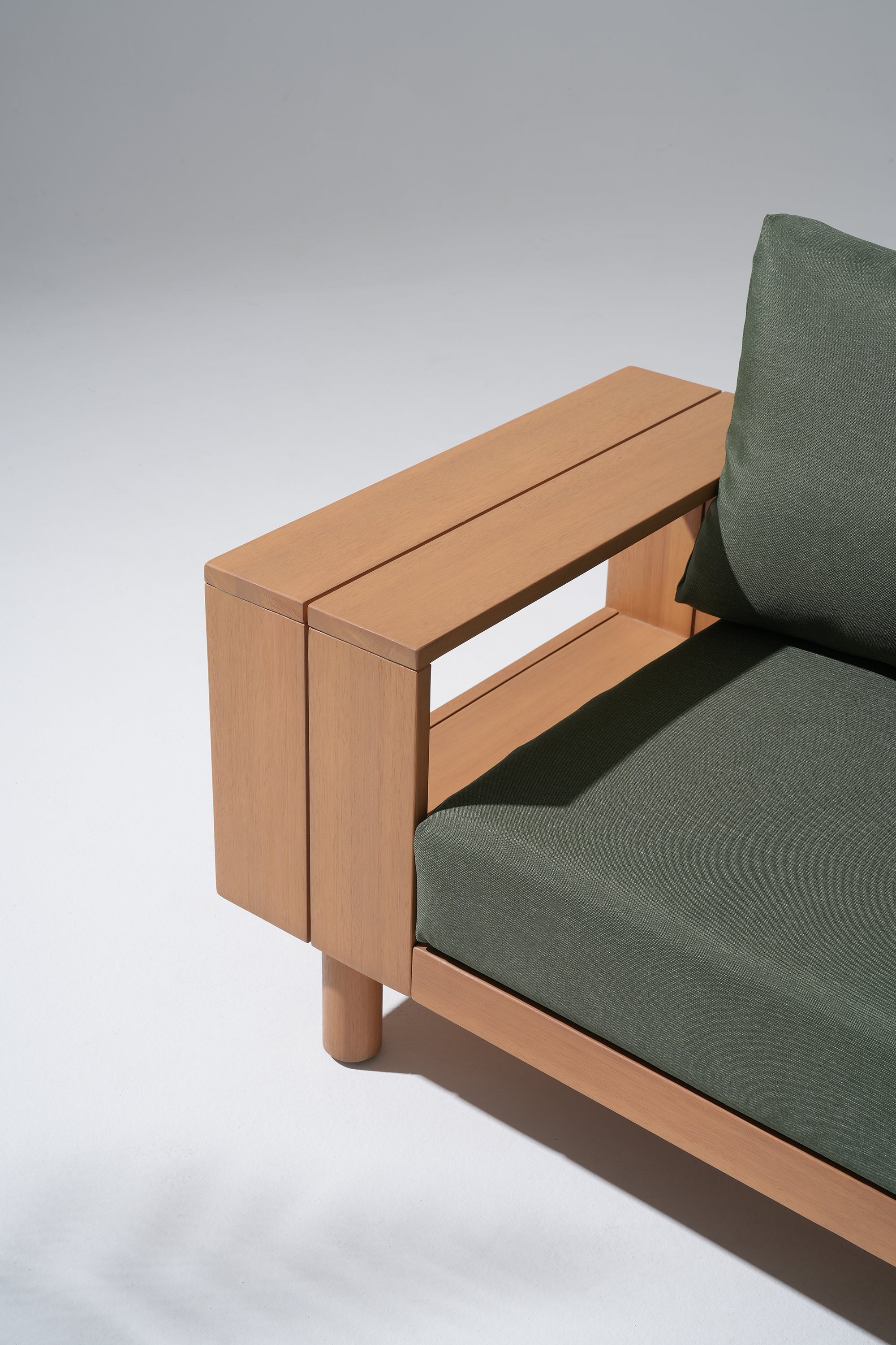 Kiri Eucalyptus Wood L-Shaped Outdoor Sectional Sofa Set with Storage Armrest, Green Cushions
