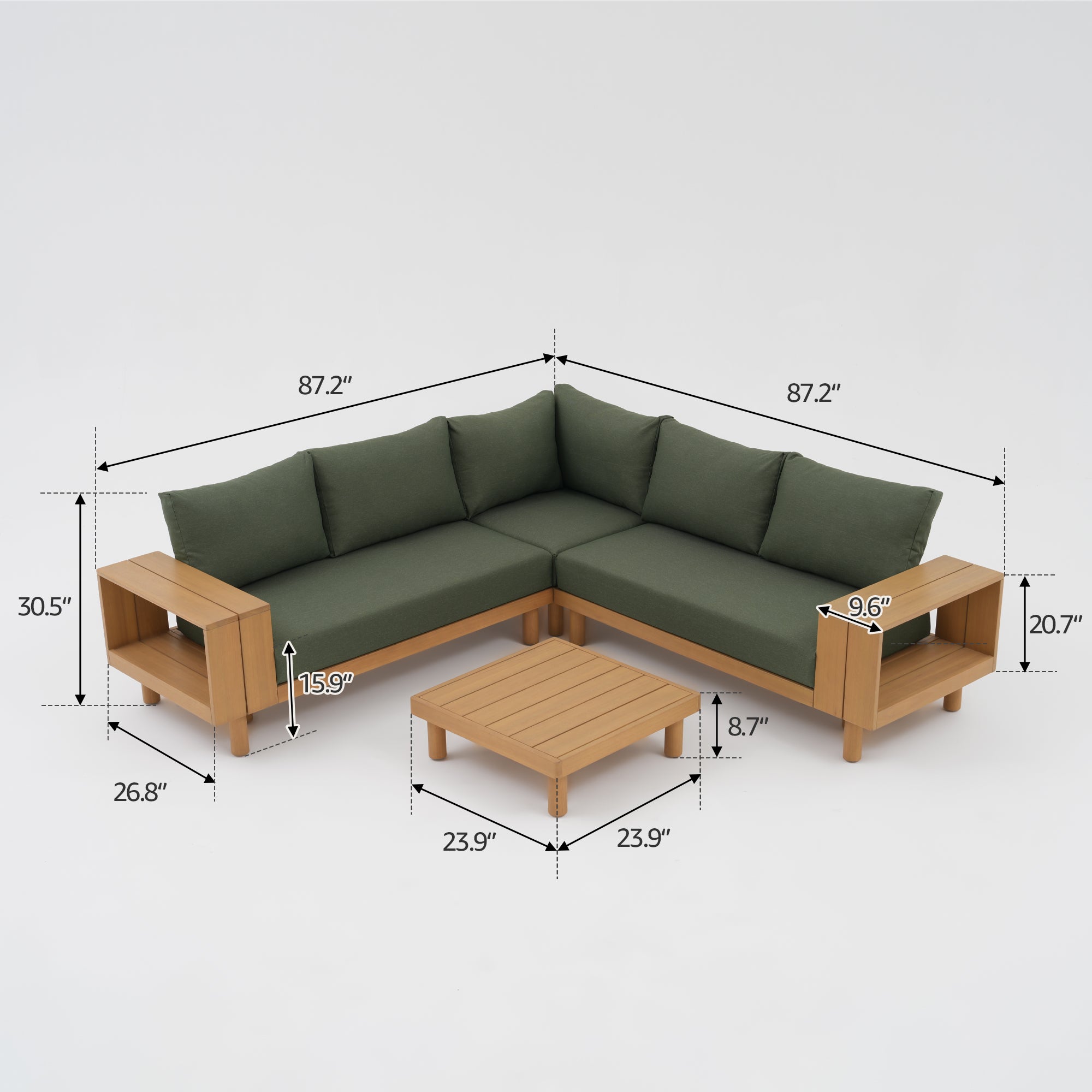 Kiri Eucalyptus Wood L-Shaped Outdoor Sectional Sofa Set with Storage Armrest, Green Cushions