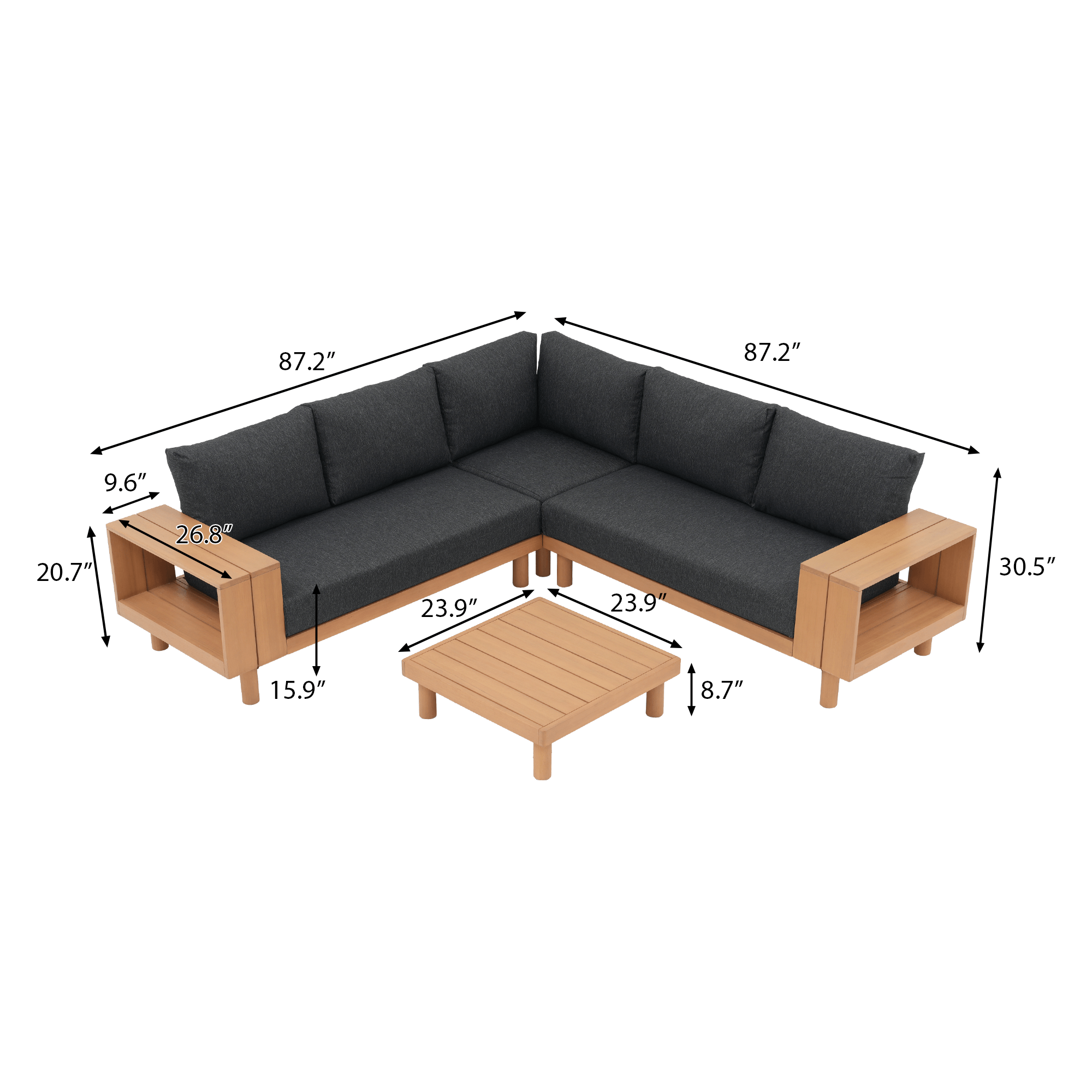 Kiri Outdoor Wooden L-Shaped Sectional Sofa Set with Storage Side Table, Teak Tone, Black Cushions