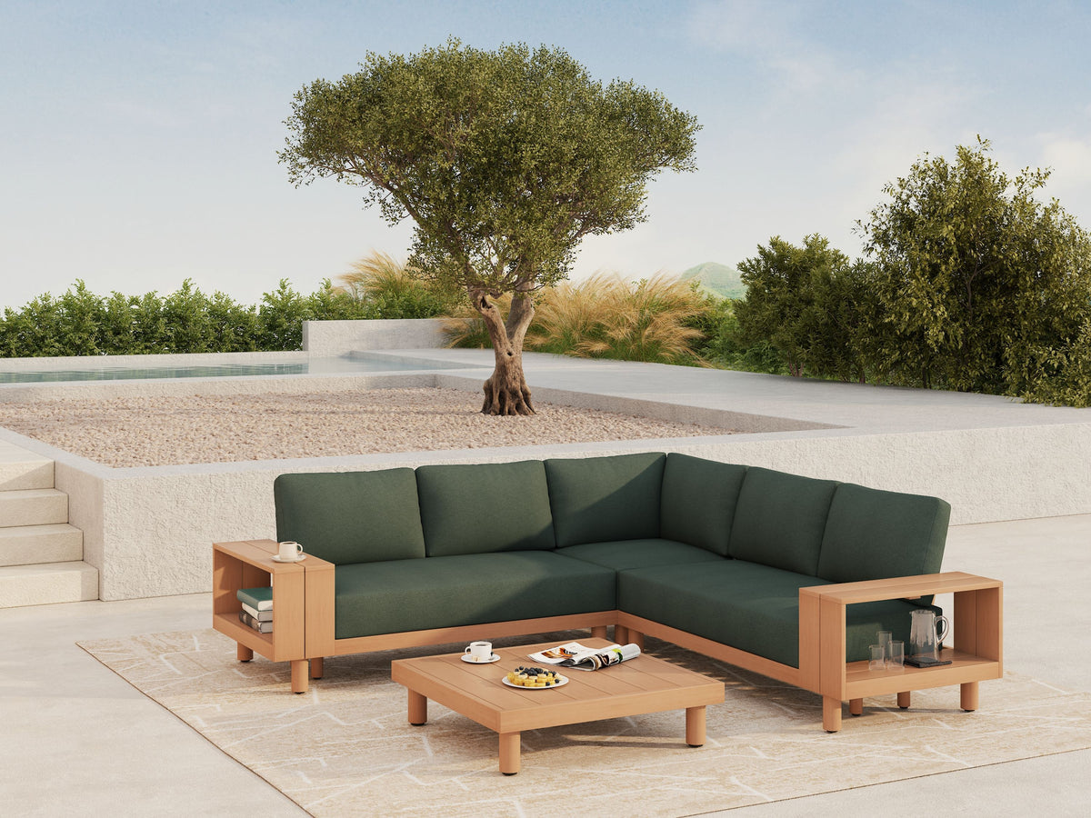 Kiri Eucalyptus Wood L-Shaped Outdoor Sectional Sofa Set with Storage Armrest, Green Cushions