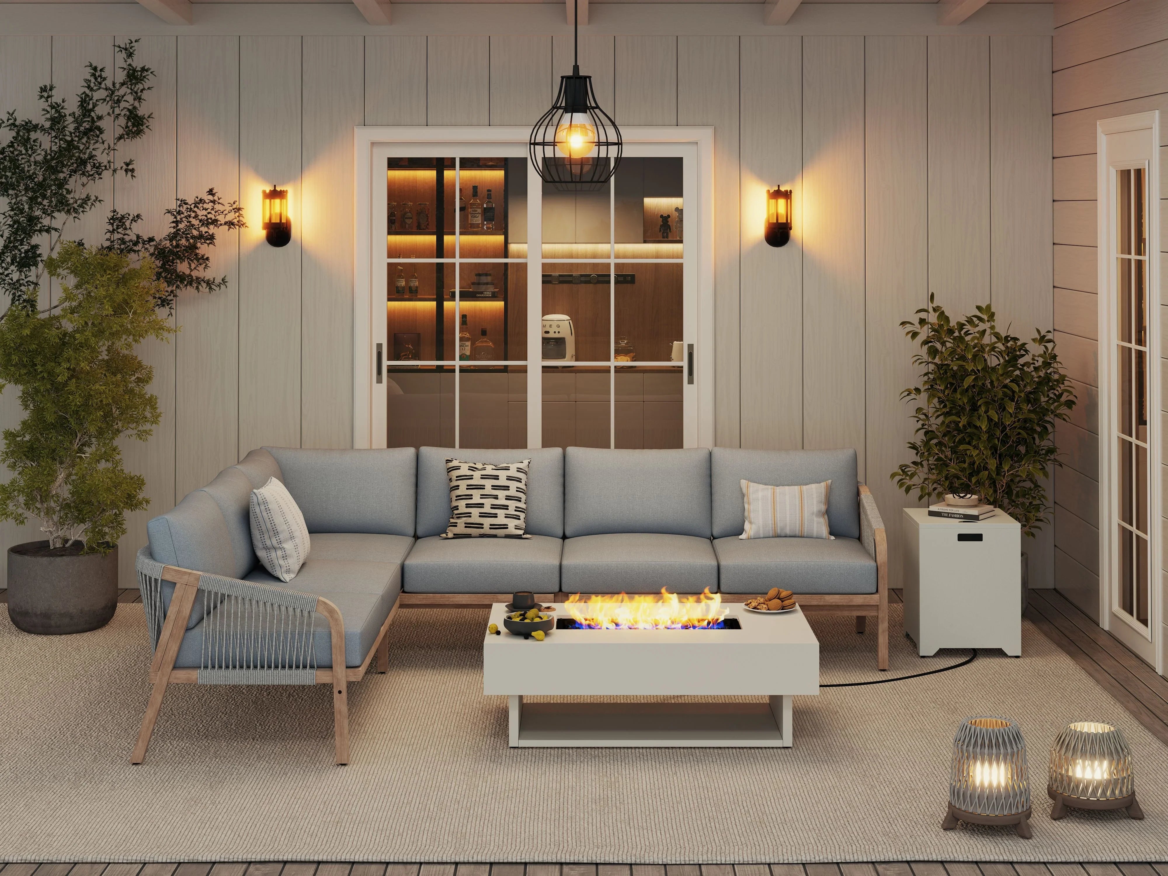 Thalea Textured Wooden L-shaped Sectional Set with Fire Pit, Rope Desi