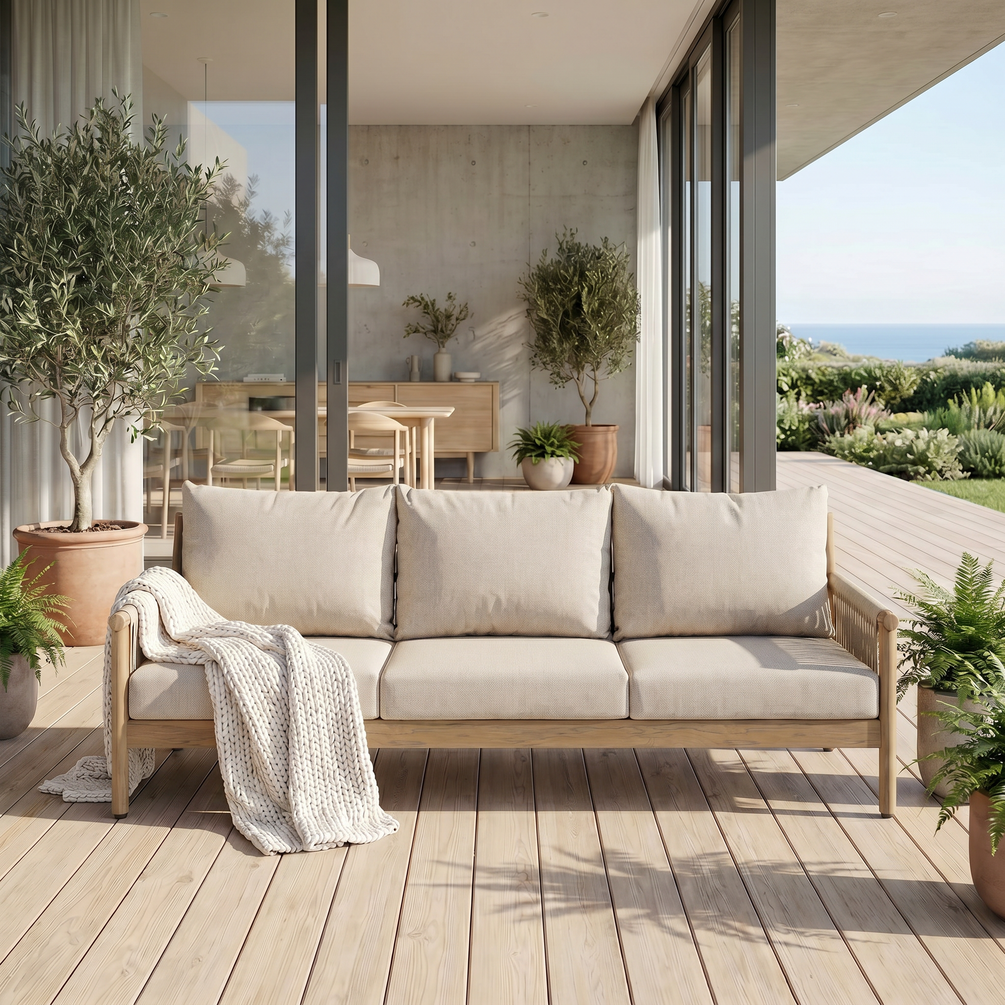 Arlo 3-Seat Aluminum Outdoor Sofa with Rope Design, Wood-Look, Light Beige